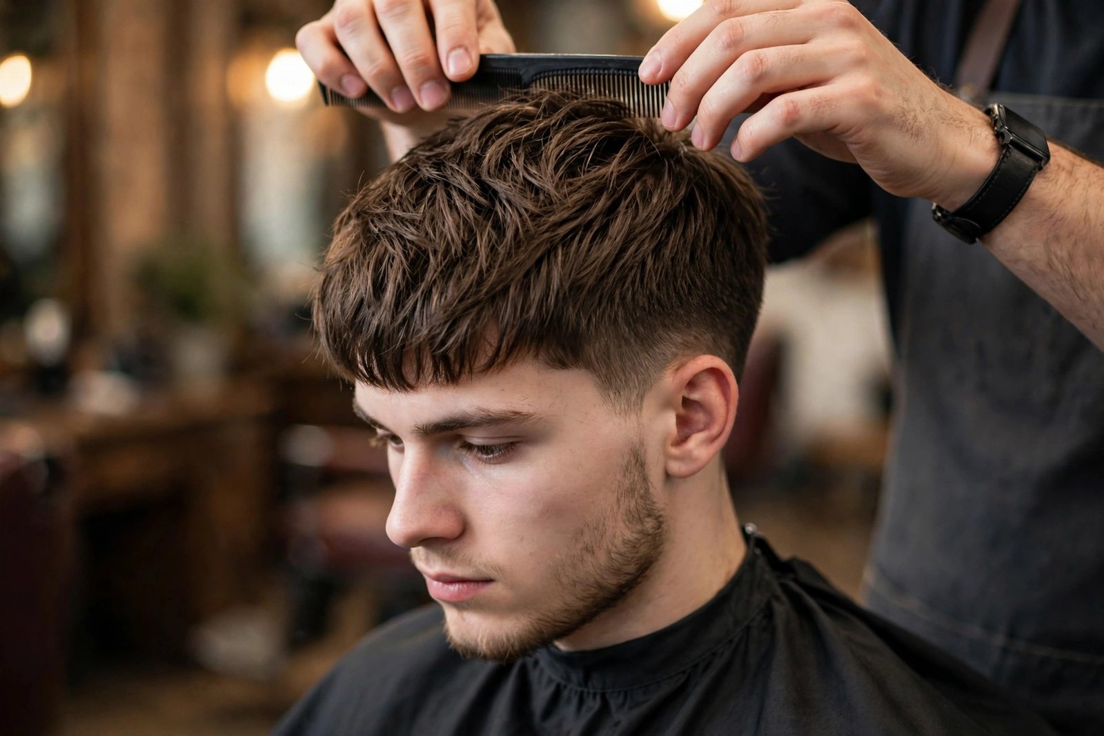 Man getting a mod cut maintenance trim, barber refining the rounded shape
