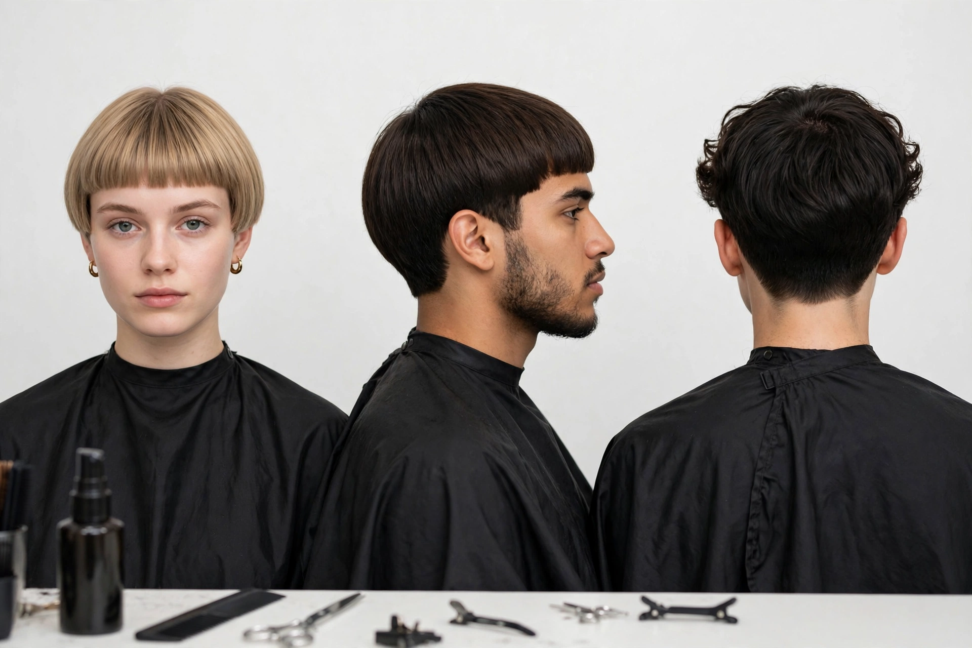Modern bowl cut shown on different face shapes, educational barbershop photography