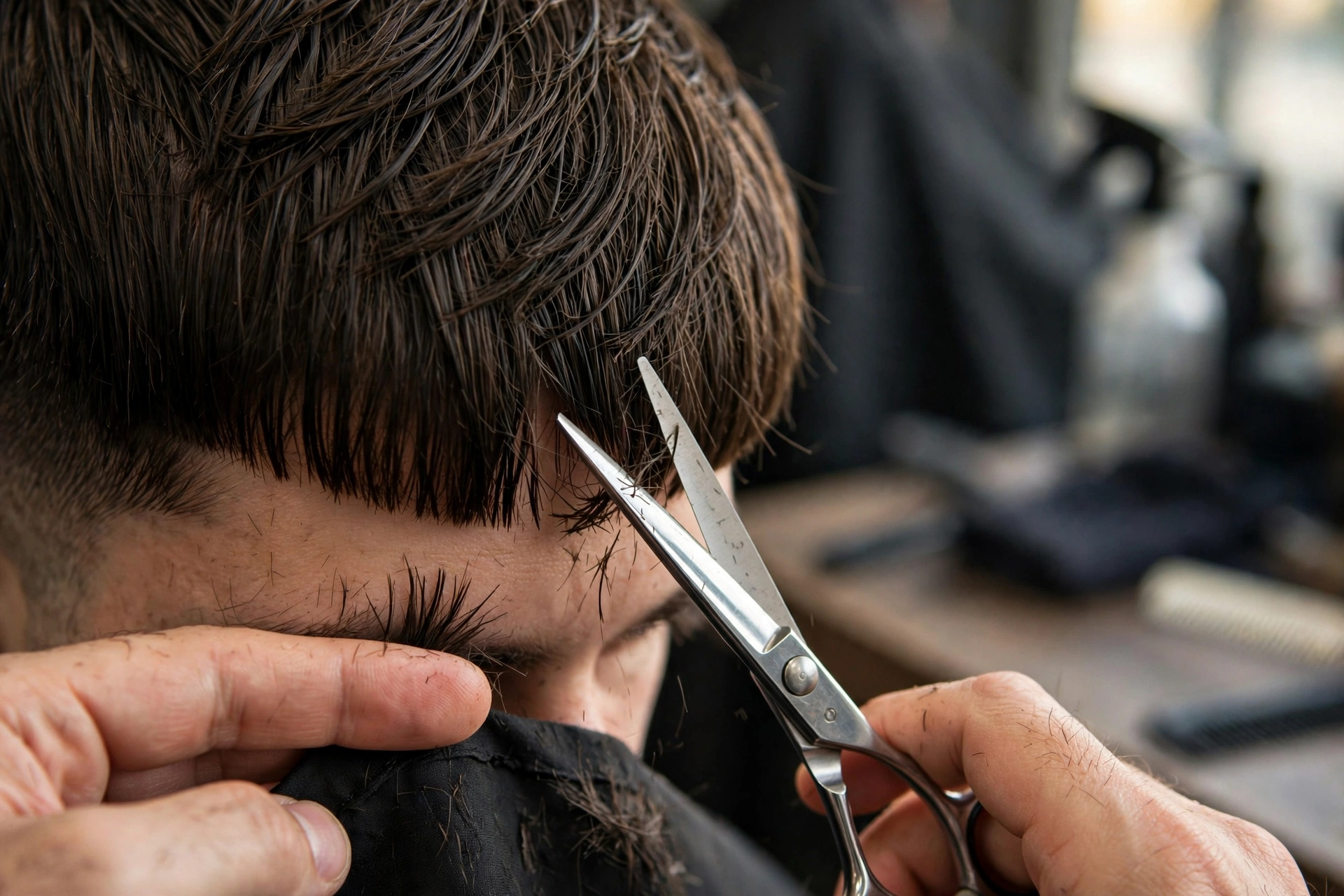 Barber texturizing a bowl cut with point-cutting technique, close-up detail