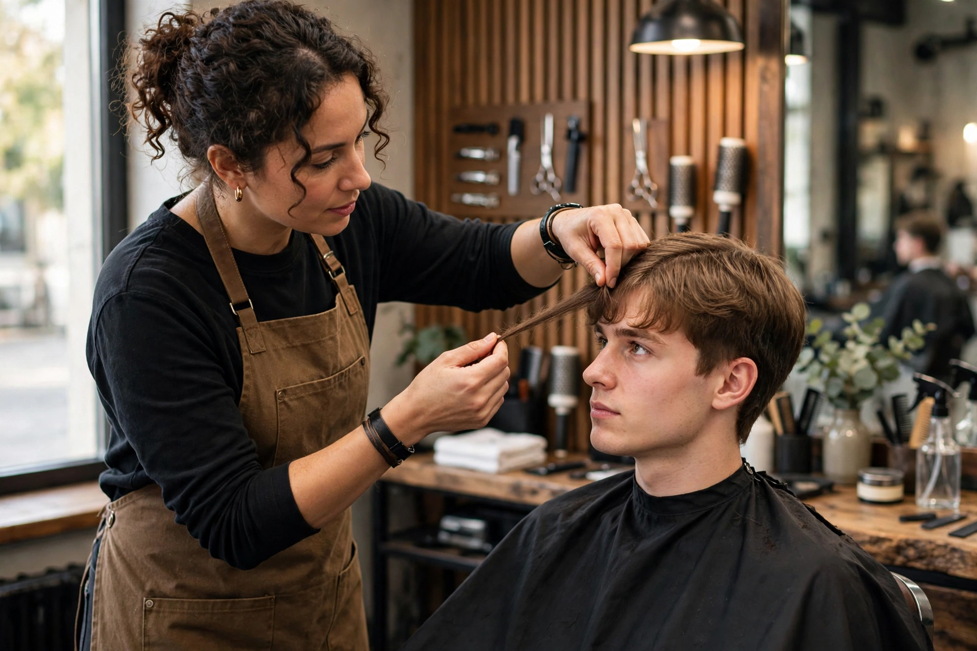 Hair length measurement guide for bowl cut suitability, barbershop educational photo