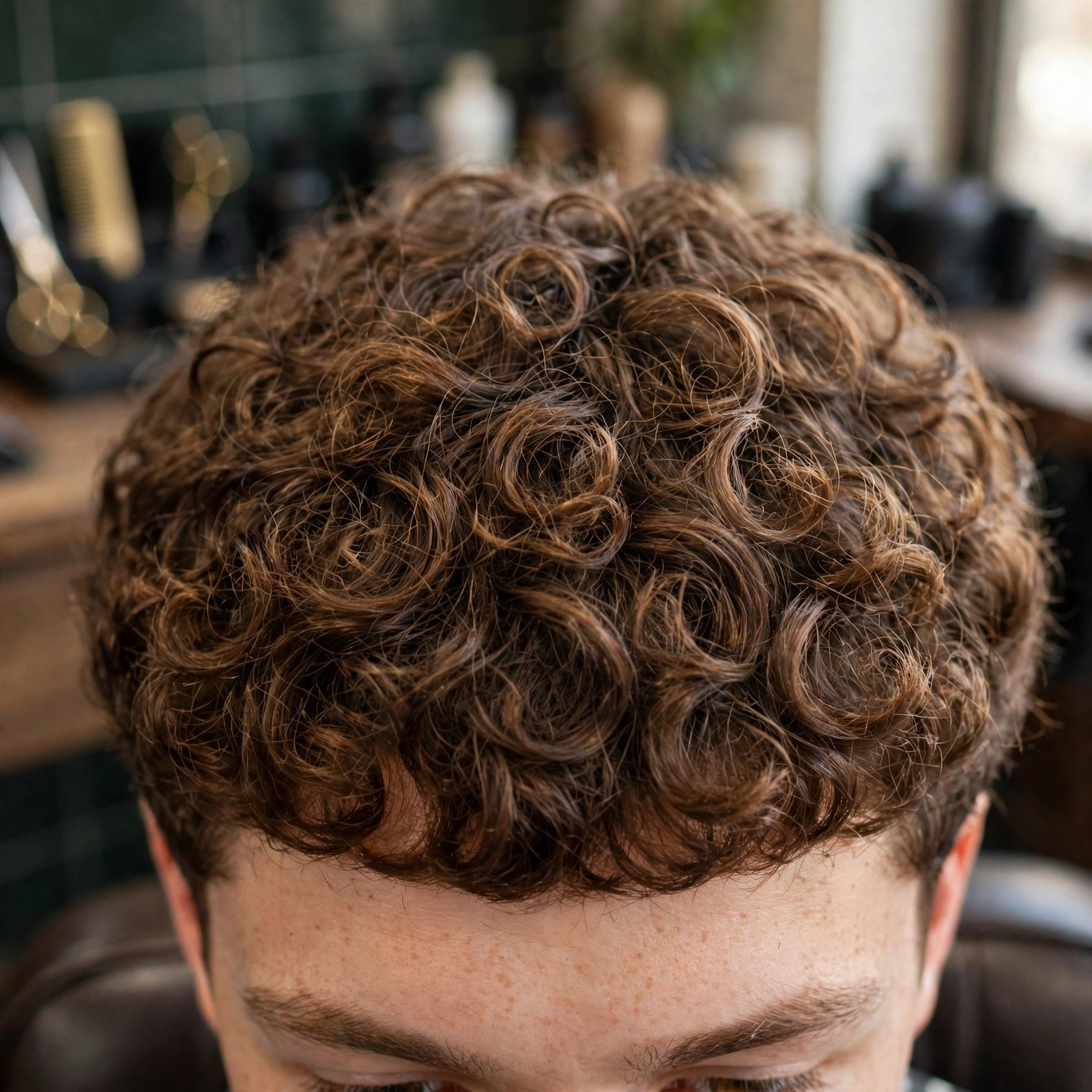 Curly bowl cut close-up showing defined curl pattern in the rounded shape