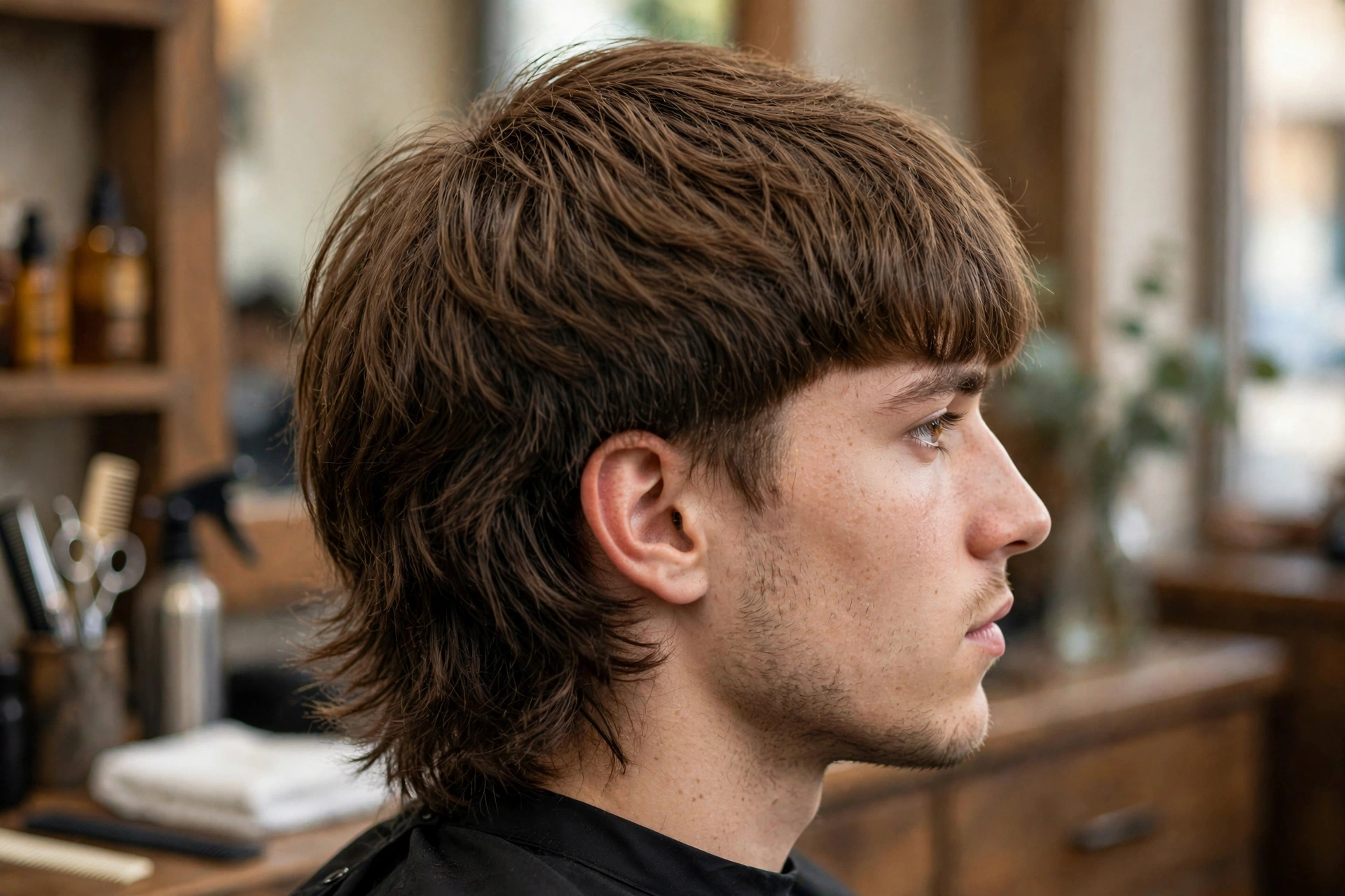 Grown-out bowl cut transitioning into shaggy layered style, three-stage progression photo