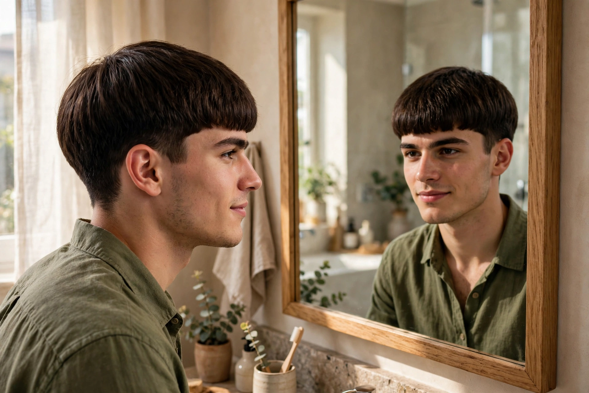 Young man with modern bowl cut looking in mirror confidently, lifestyle FAQ photo