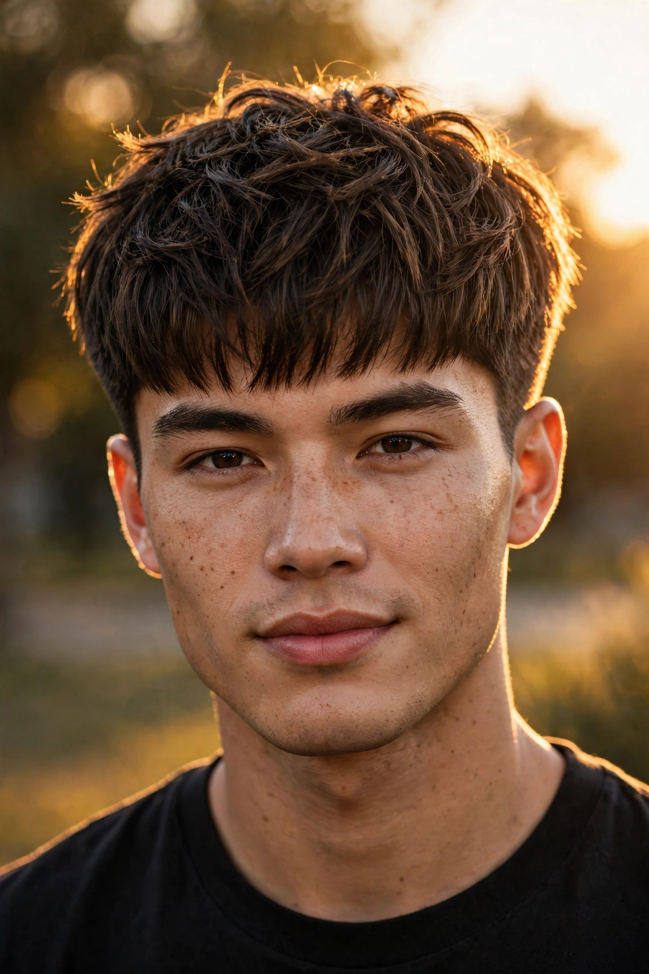 Confident man with modern textured bowl cut, final portrait, golden hour lighting