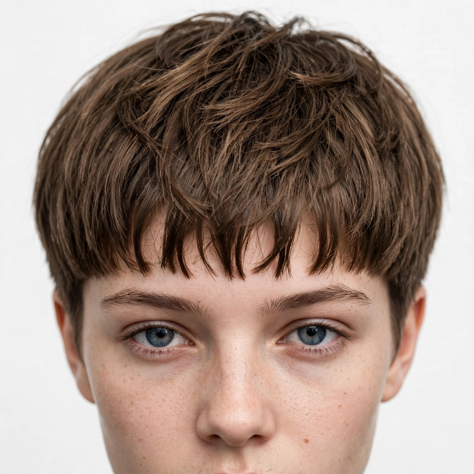 Textured modern bowl cut with separated fringe ends, close-up barbershop photography