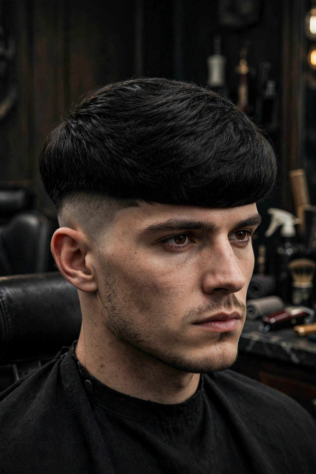 Undercut bowl with disconnected short sides and long rounded top, dramatic barbershop shot