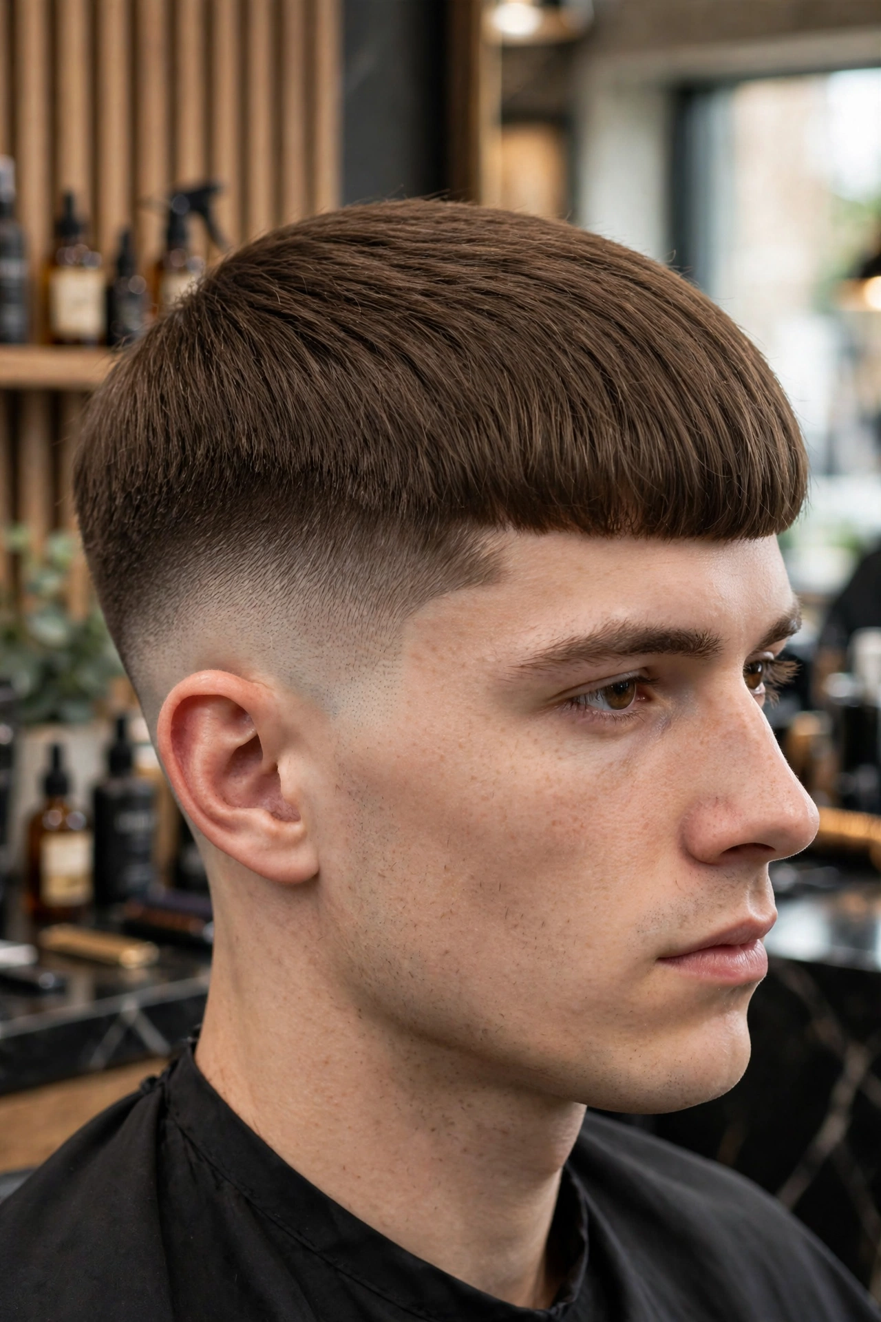 Bowl cut with low fade on sides, smooth blend, modern barbershop photography