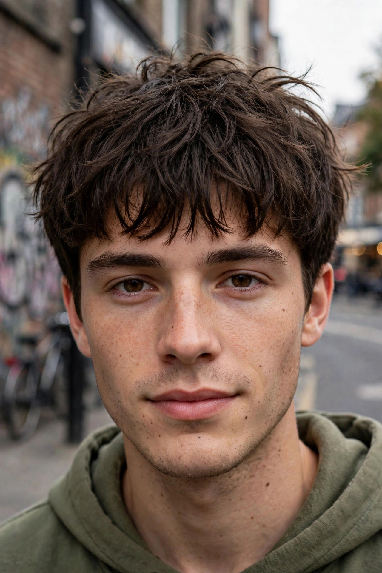 Messy textured bowl cut with tousled piece-y fringe, casual street style photography