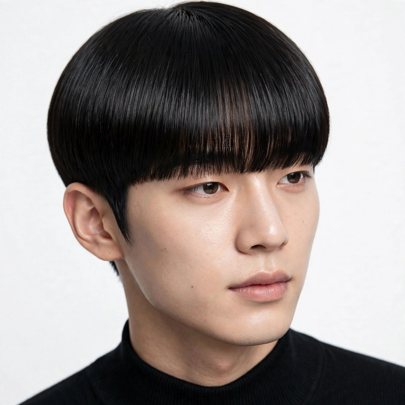 Sleek glossy Korean bowl cut with precise fringe line, K-pop style photography