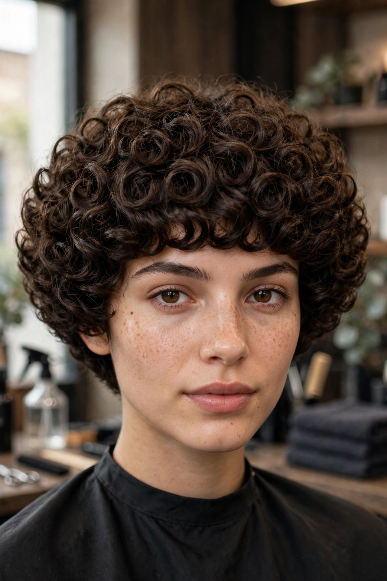 Curly bowl cut with defined curls forming the rounded silhouette, barbershop photography