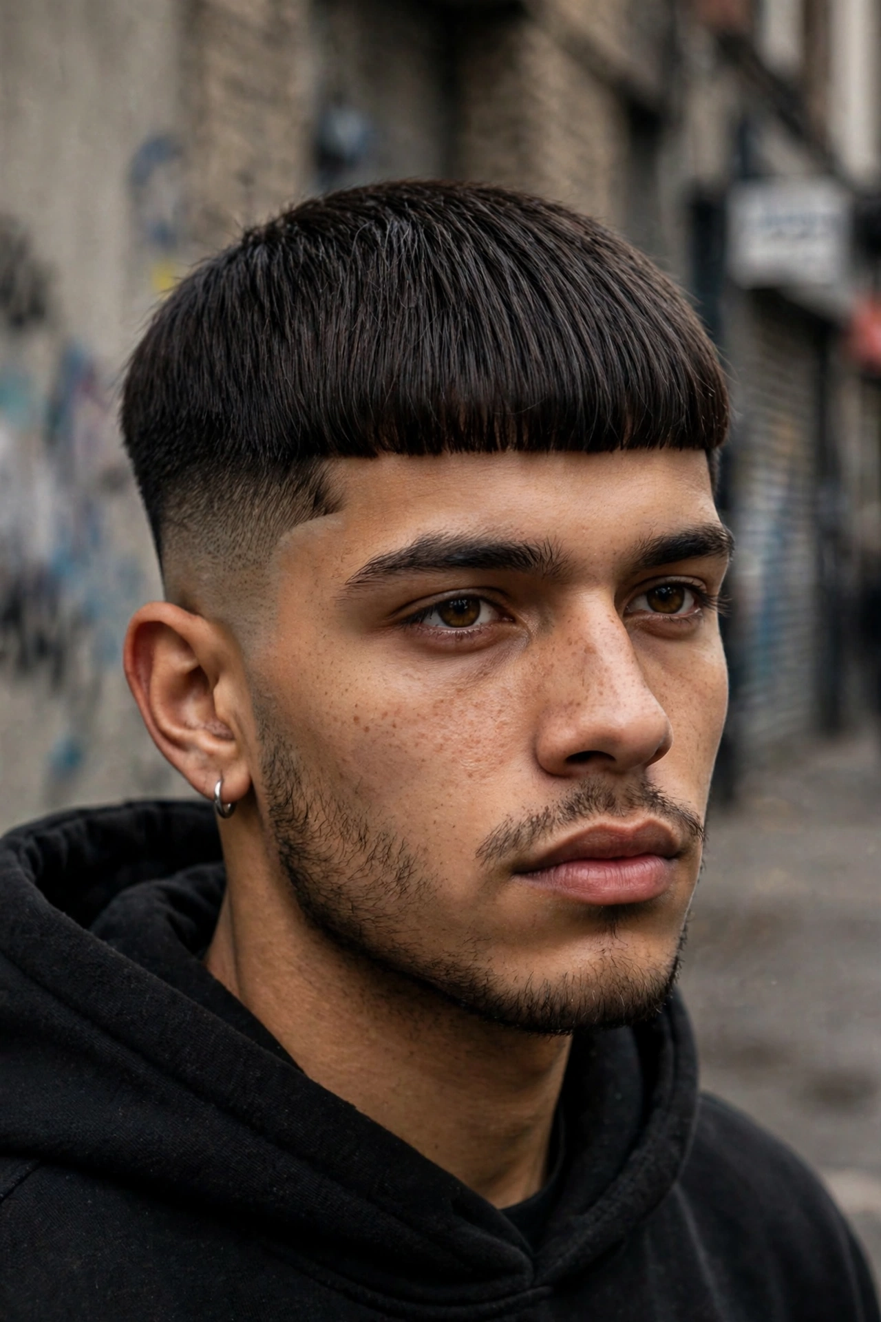 Edgar bowl with blunt straight fringe and faded sides, bold street style photography