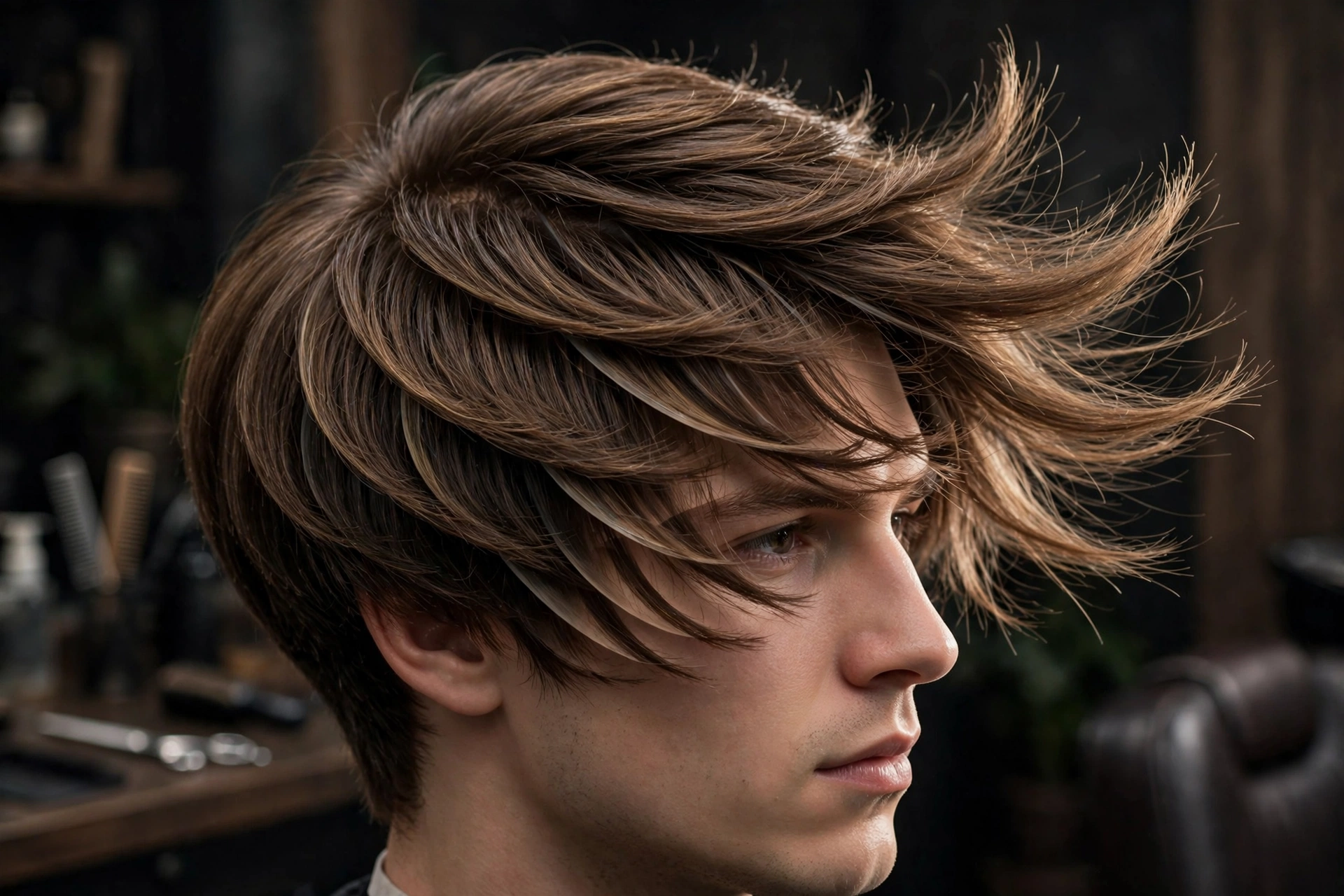 Layered bowl cut showing internal dimension and movement, professional barbershop photography