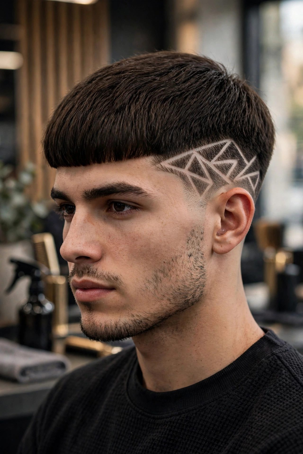 Bowl cut with geometric shaved design in the faded sides, creative barbershop photography