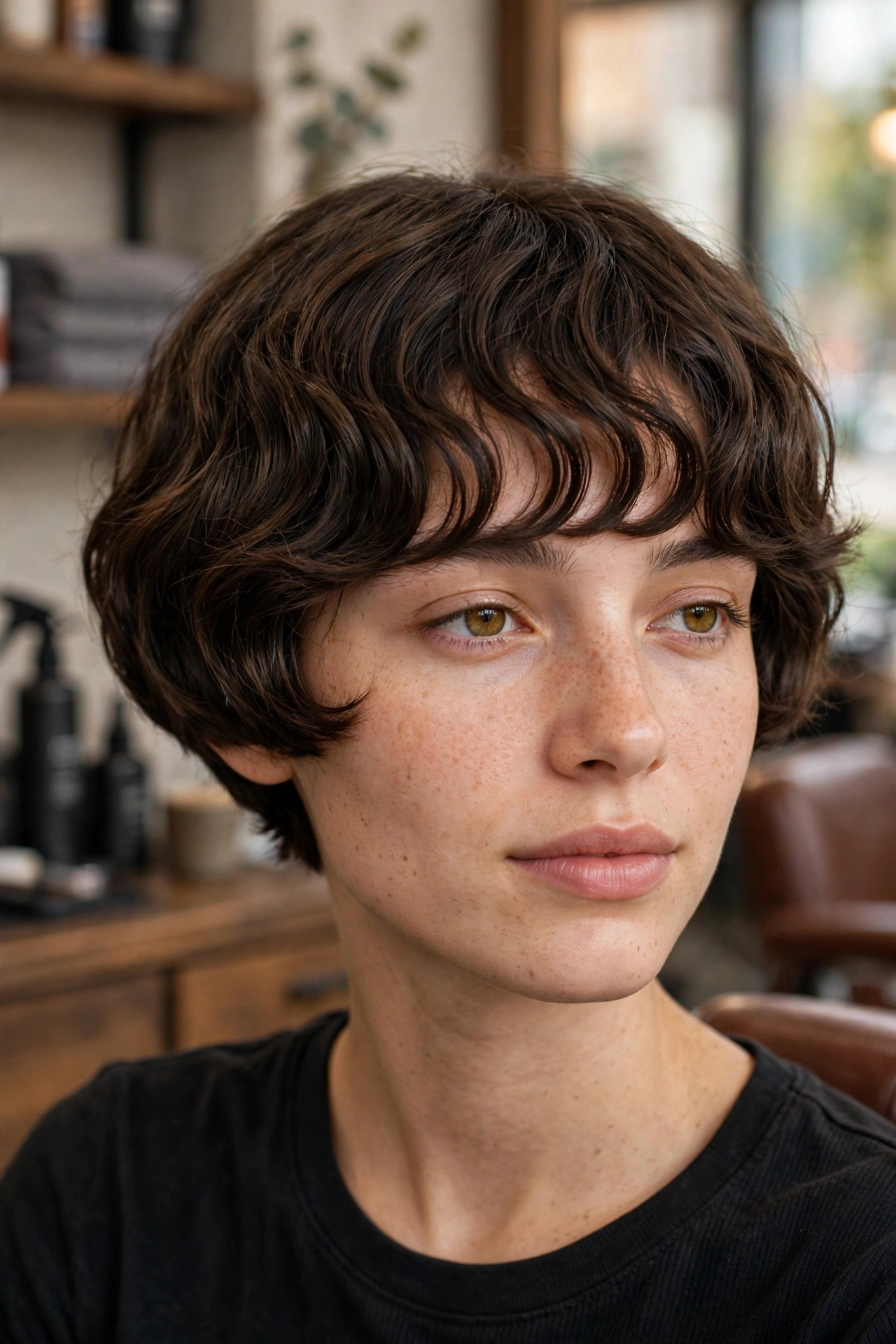 Wavy bowl cut with natural S-wave fringe texture, relaxed barbershop photography