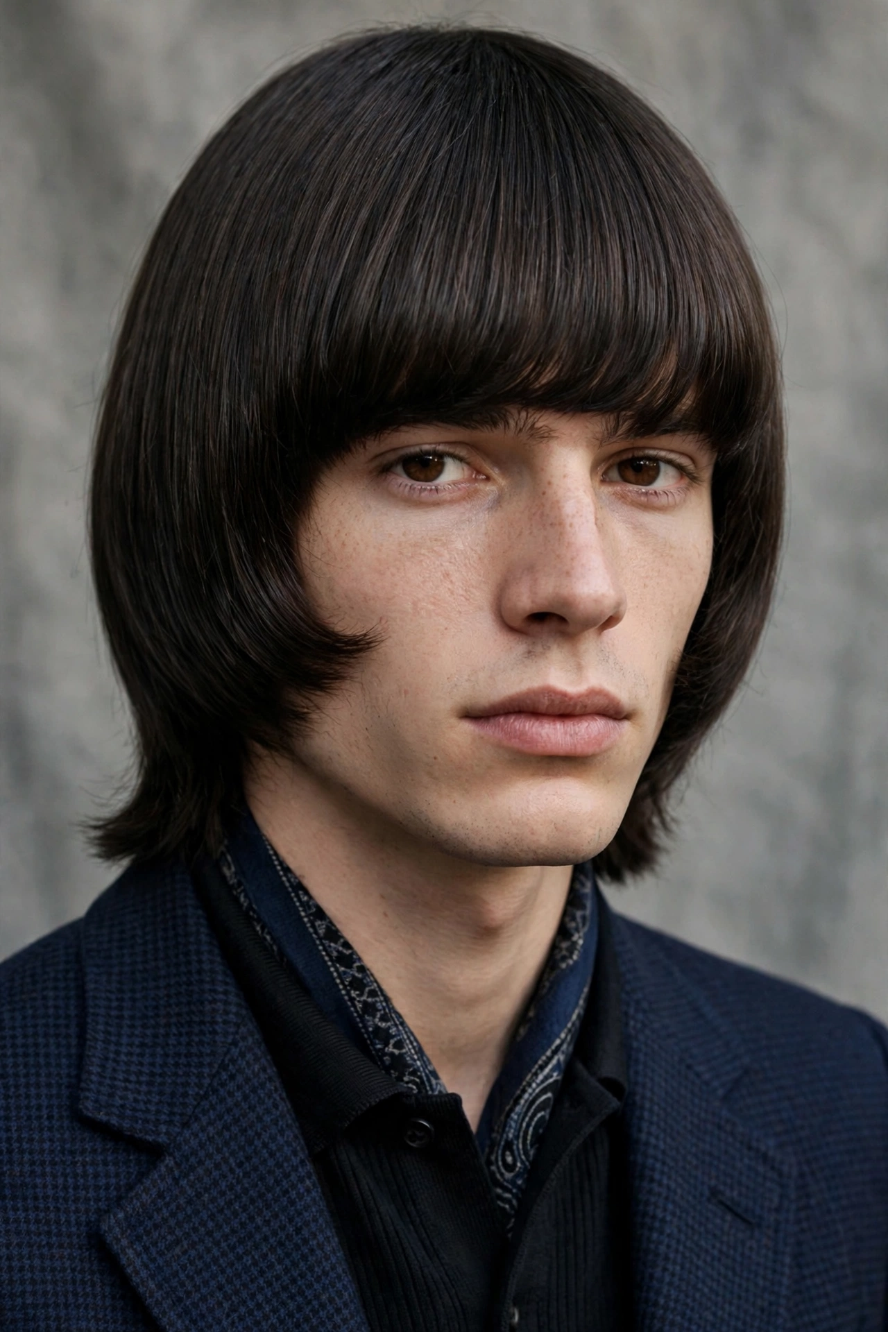 Long bowl cut with eyebrow-brushing fringe, mod-revival style photography