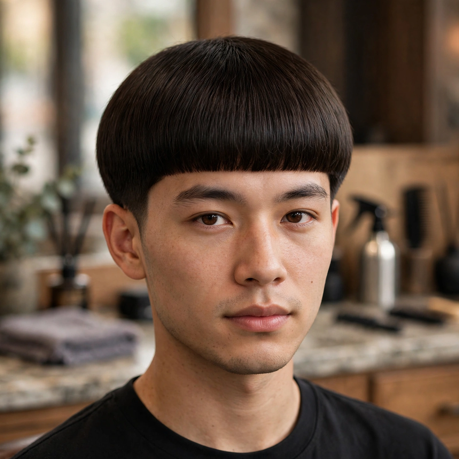 Short neat bowl cut, clean compact silhouette, professional barbershop photography