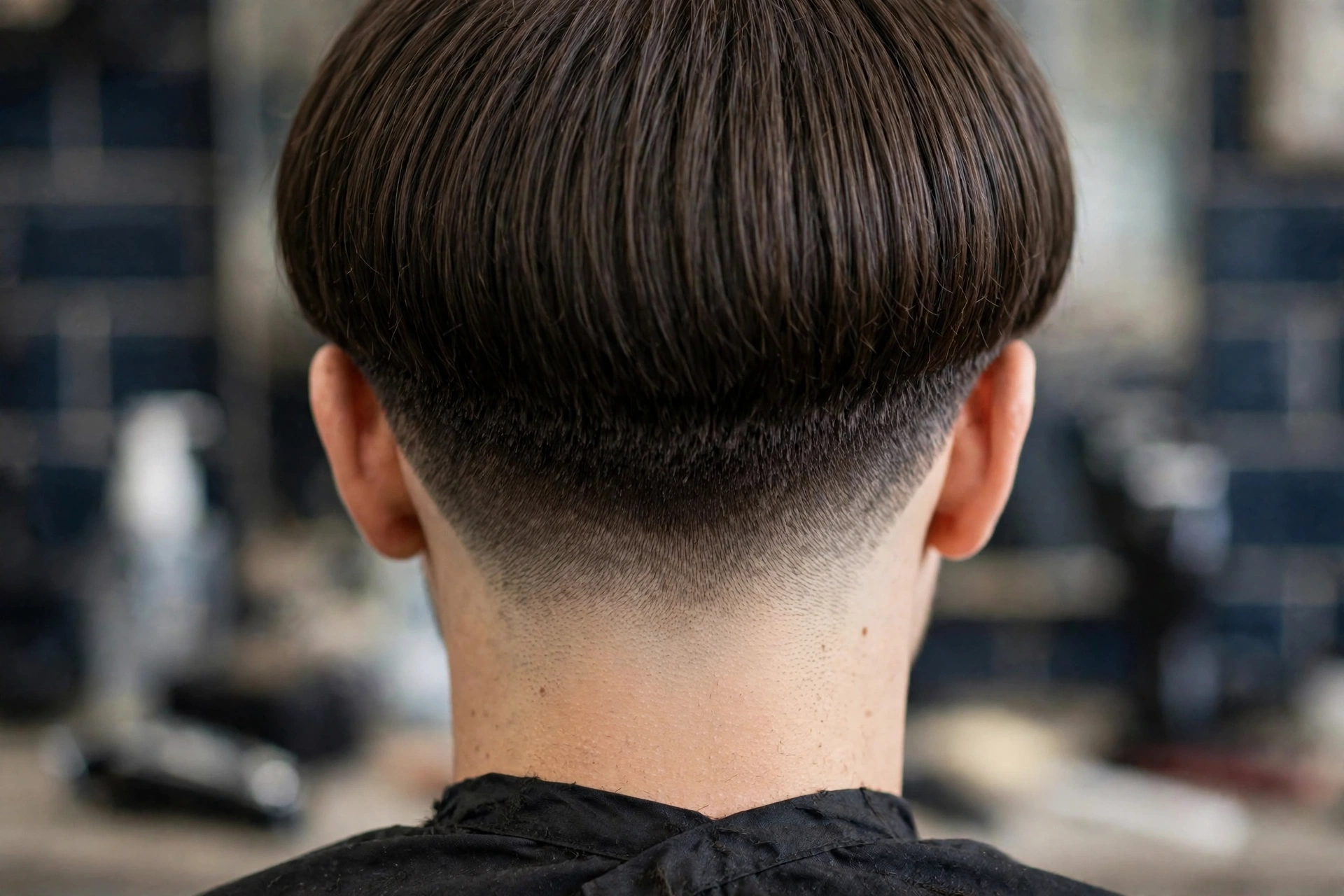 Back view of bowl cut with cleanly tapered nape, barbershop detail photography