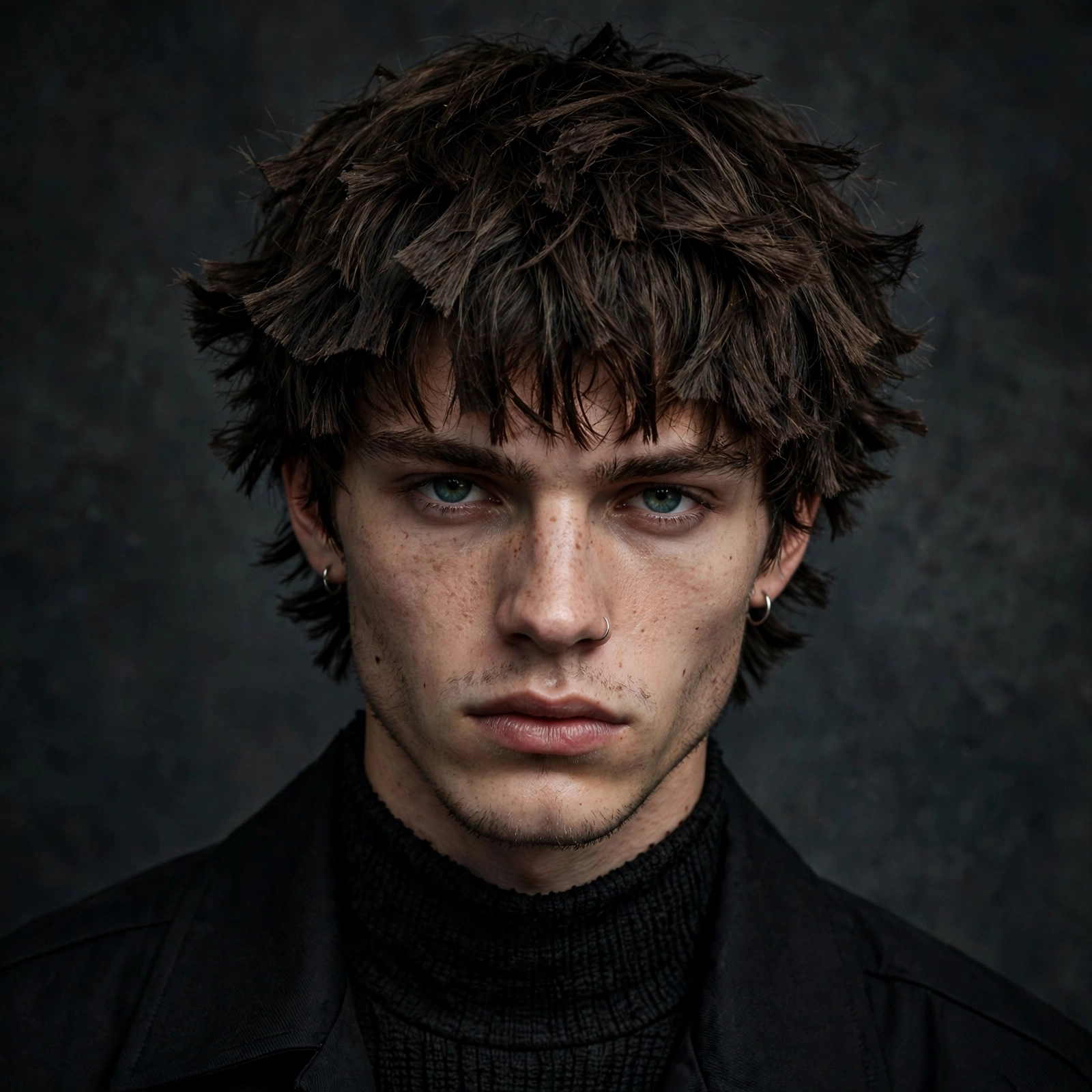 Choppy bowl cut with chunky textured pieces, edgy fashion photography