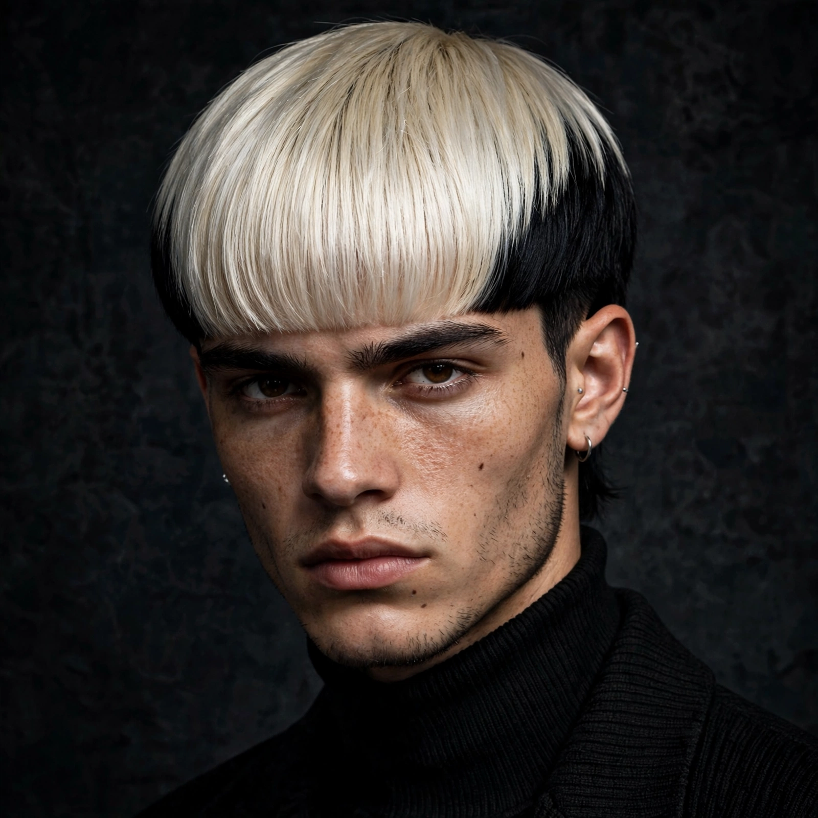 Two-tone bowl cut with platinum fringe and dark sides, bold fashion photography