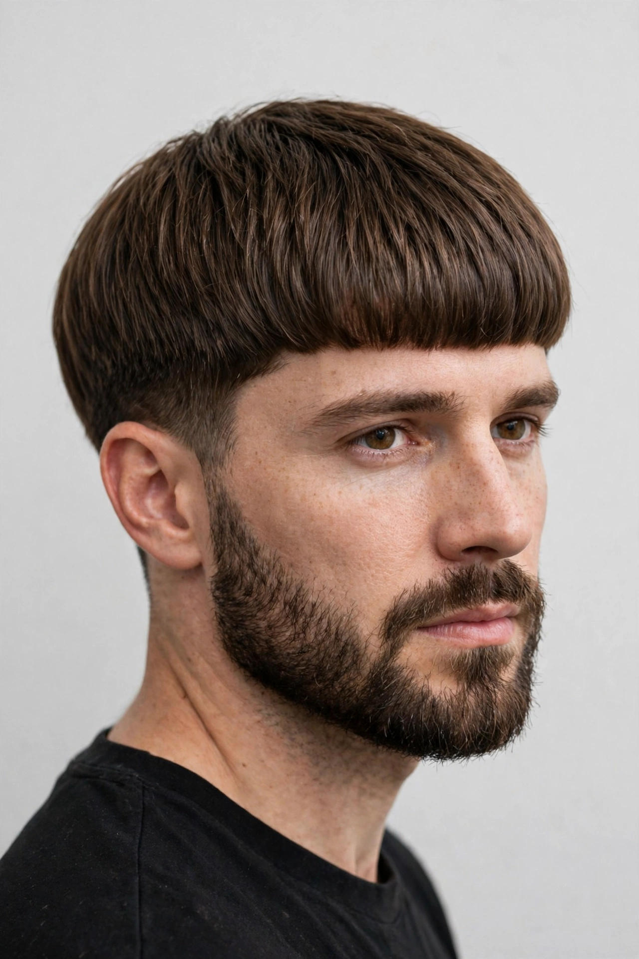 Modern bowl cut paired with well-groomed medium beard, three-quarter portrait photography