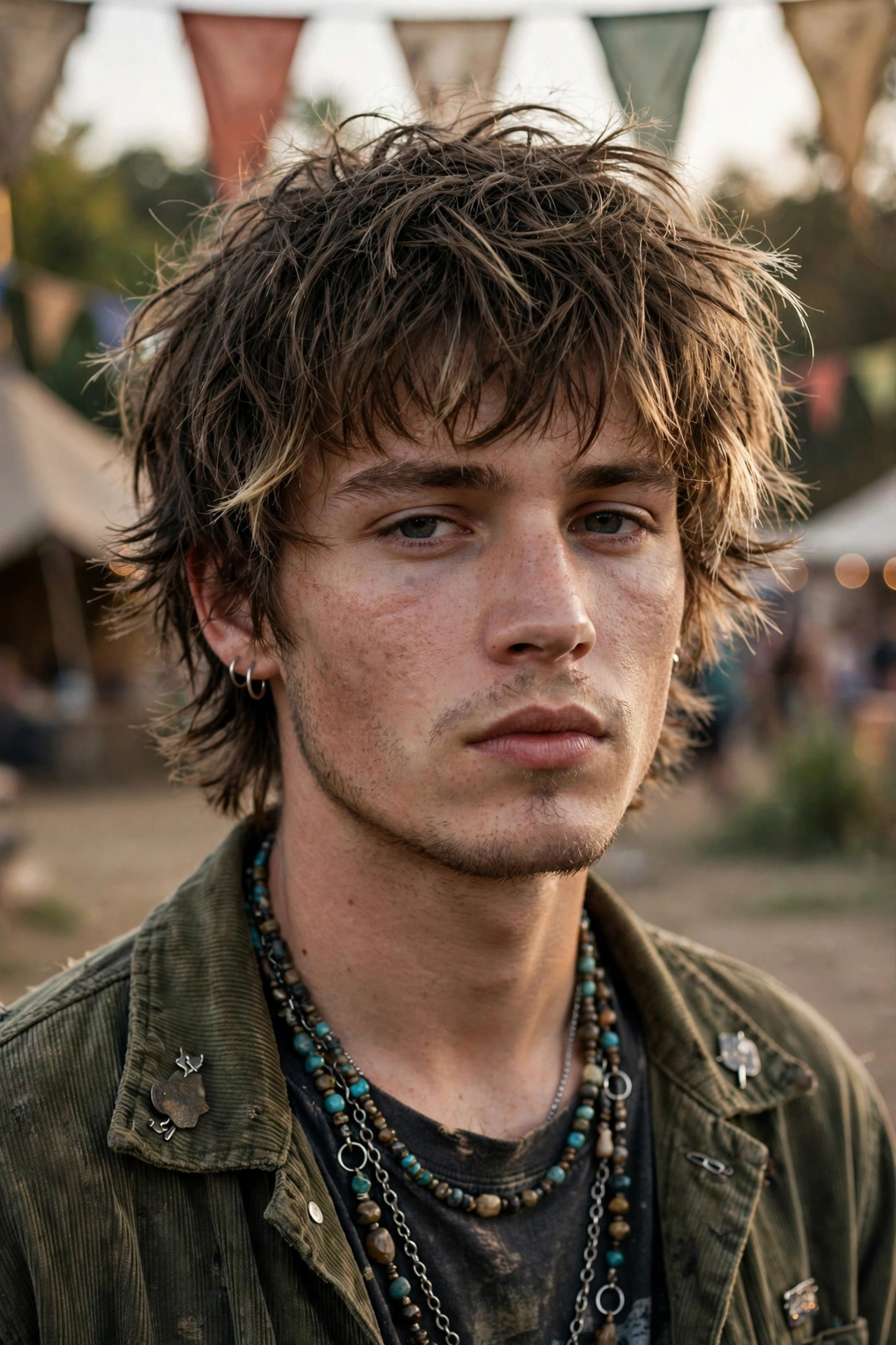 Grown-out grunge bowl cut, shaggy piece-y texture, festival fashion photography