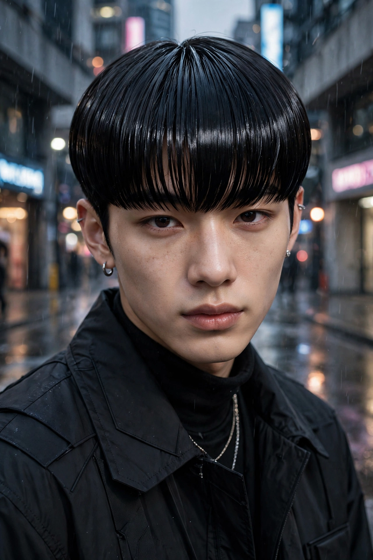 K-pop inspired young man with sleek modern bowl cut, urban fashion photography