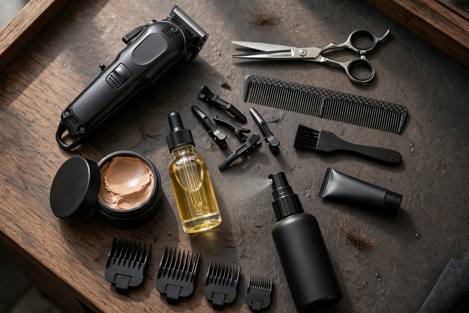 Bowl cut maintenance - trimmer, scissors, styling products arranged on barbershop counter