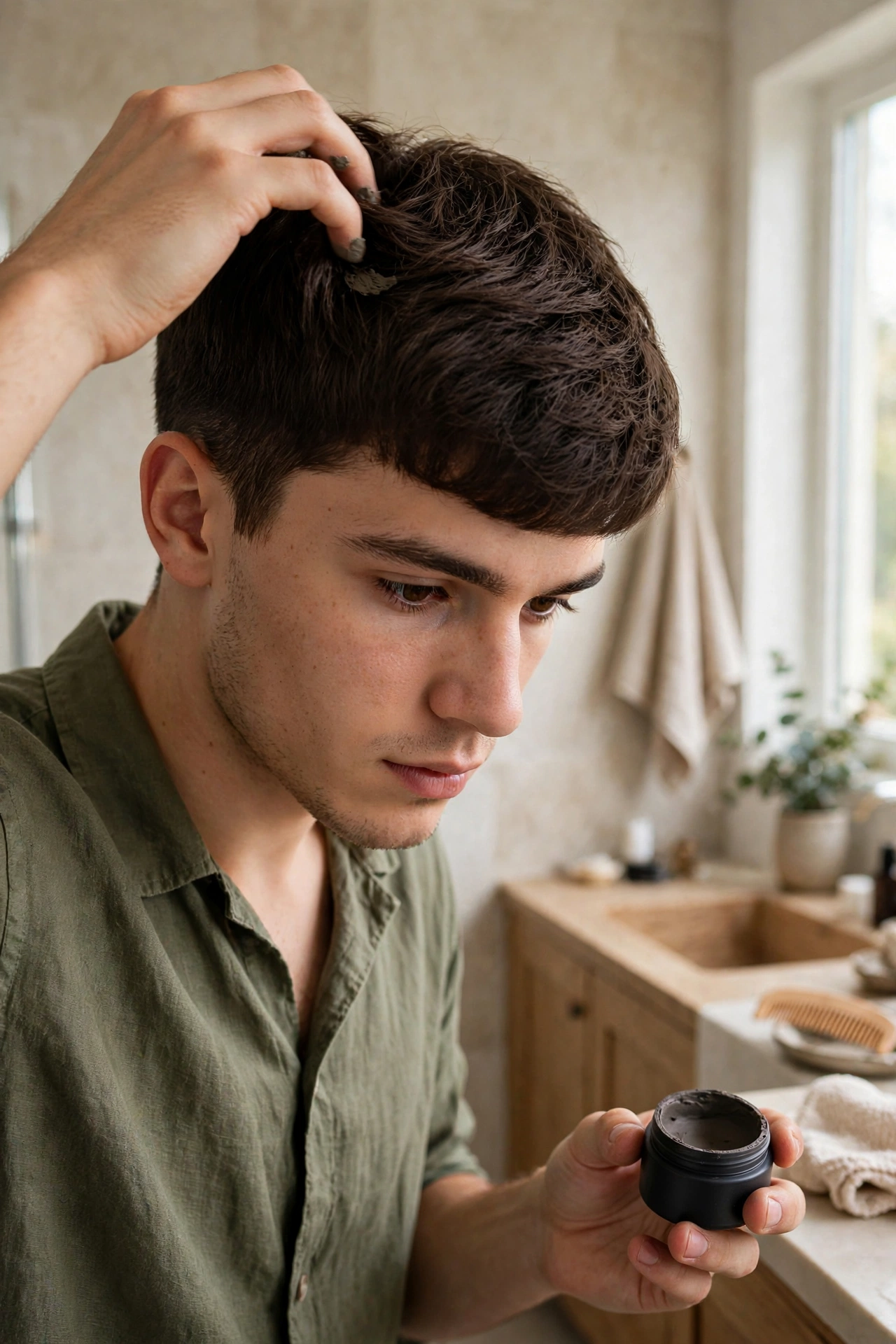 Man styling his bowl cut at home with matte clay, bathroom grooming photography