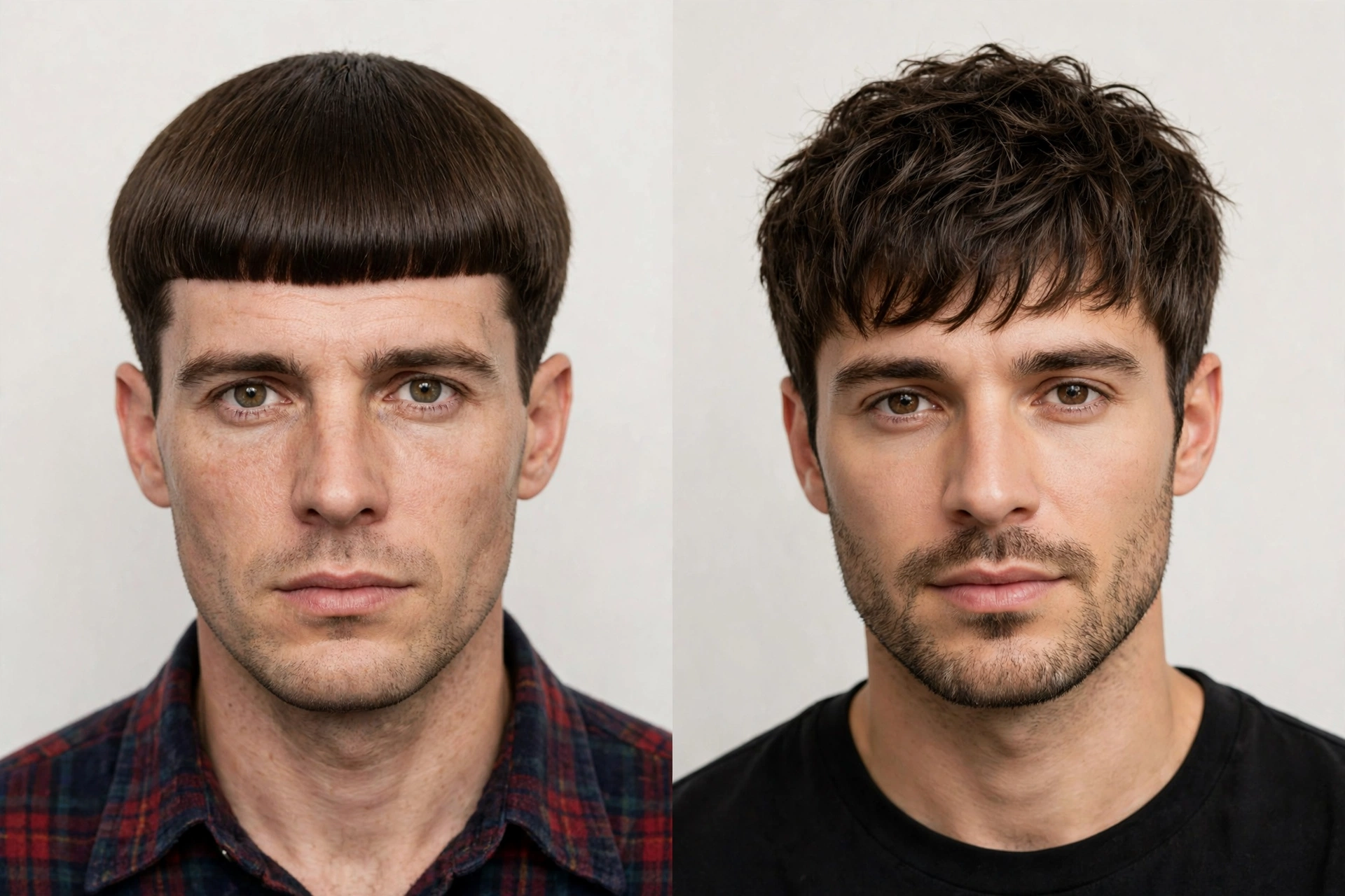 Side-by-side style comparison showing 90s bowl cut versus modern textured bowl cut on models