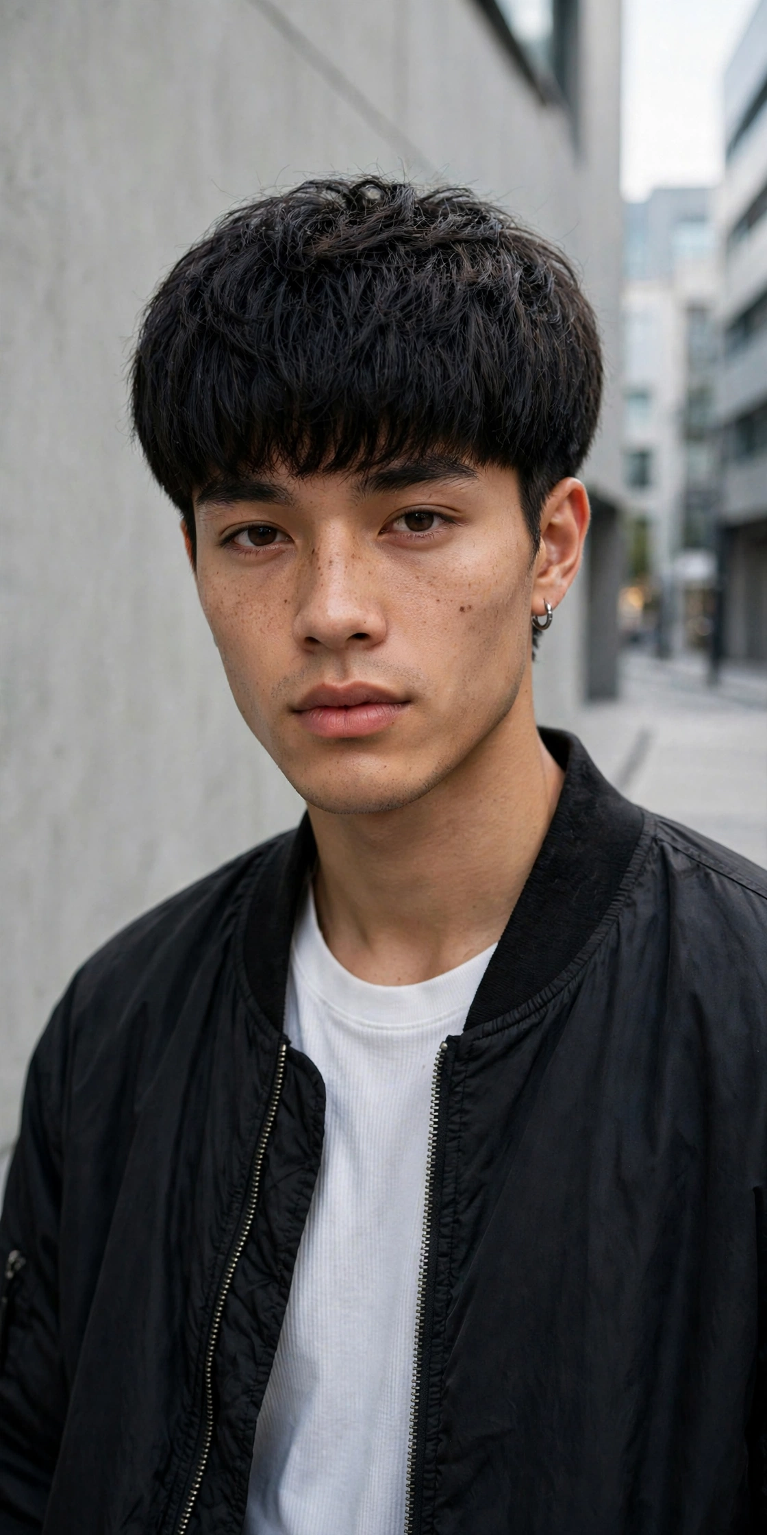 Hero shot of a young man with a modern textured bowl cut, fashion-forward street style photography