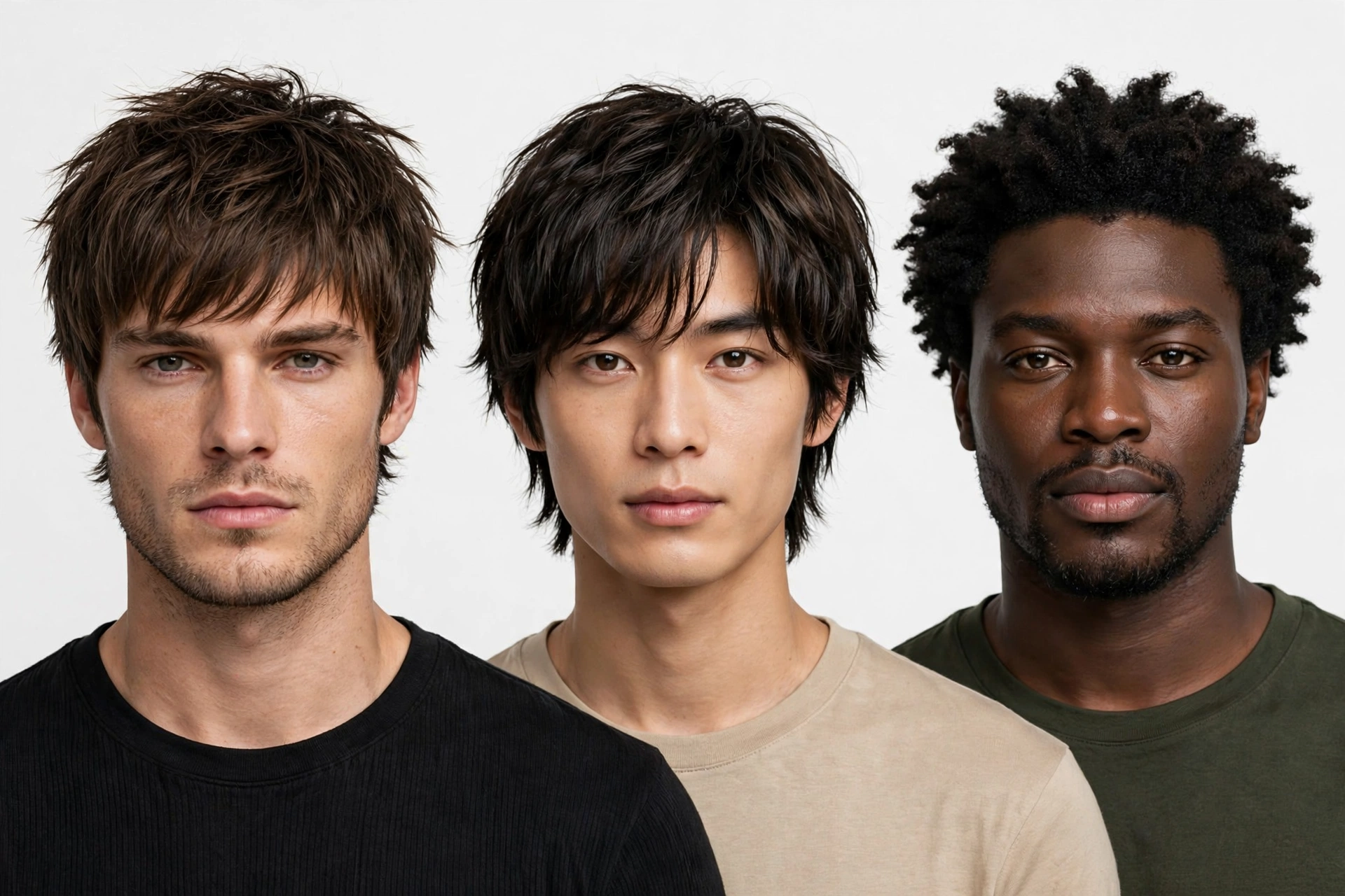 three male models with different face shapes wearing modern shag haircuts, studio lighting