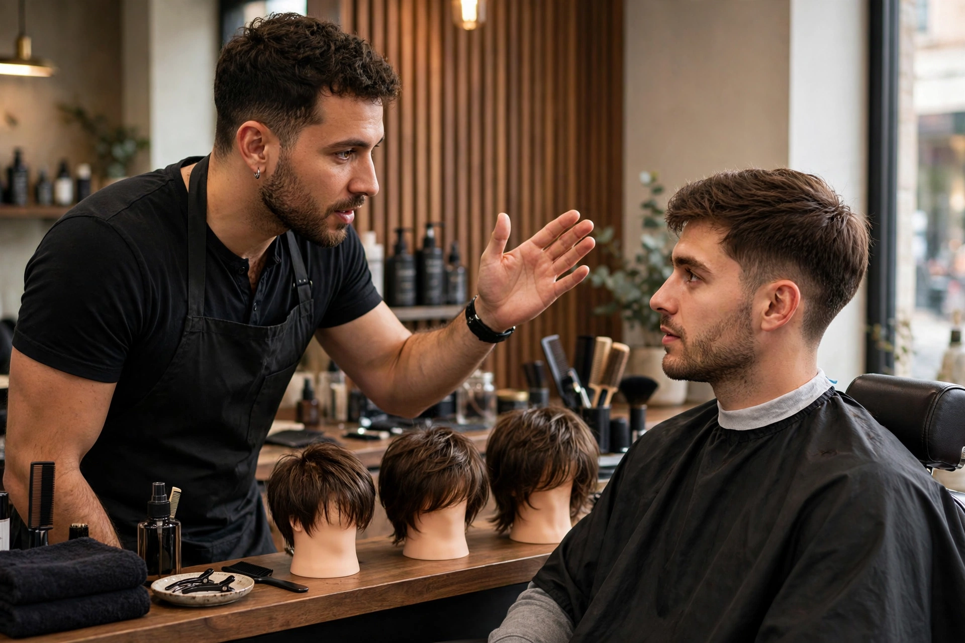 barber showing hair growth stages for modern shag haircut consultation