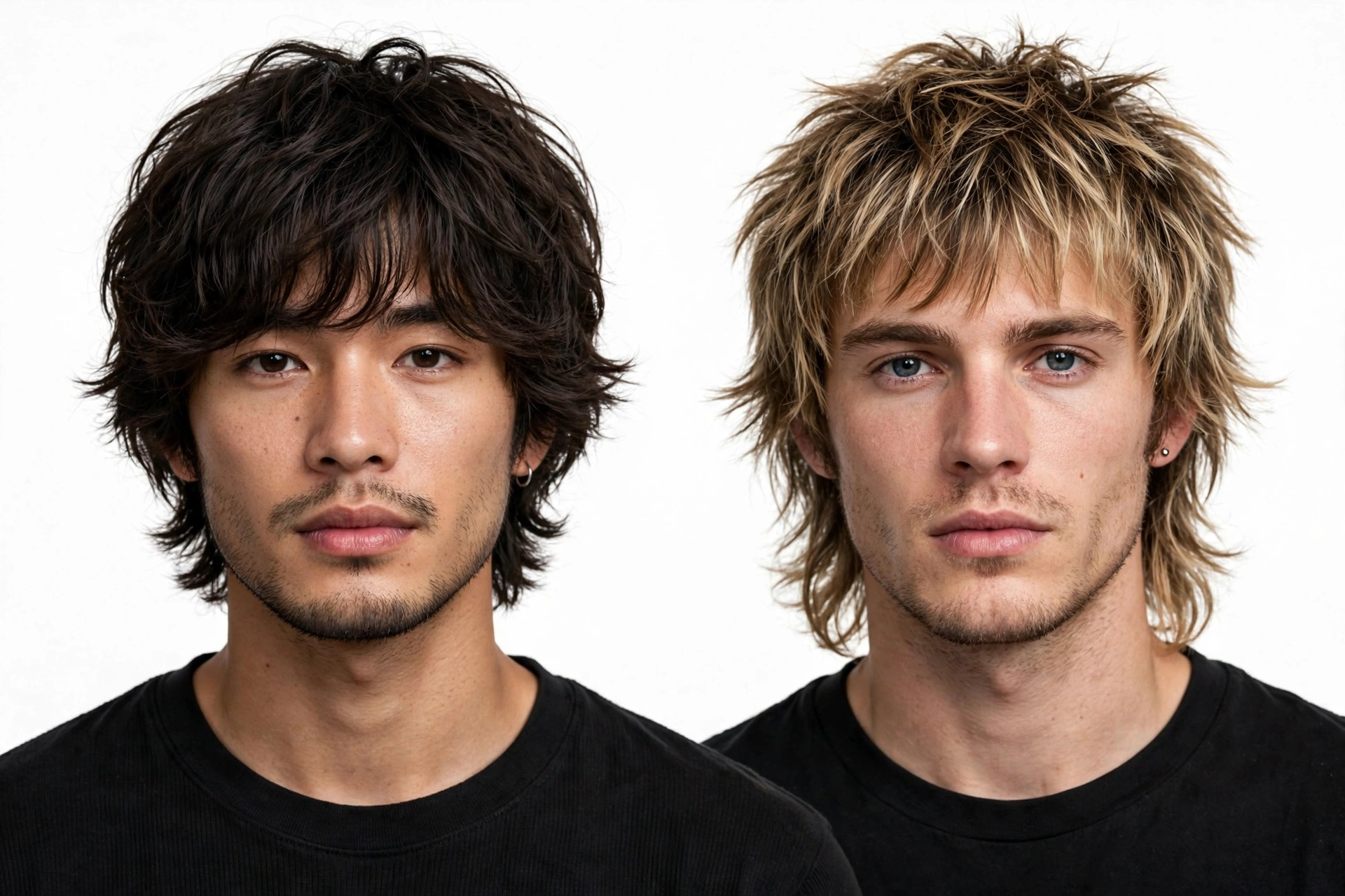 side-by-side comparison of modern shag and wolf cut on two male models