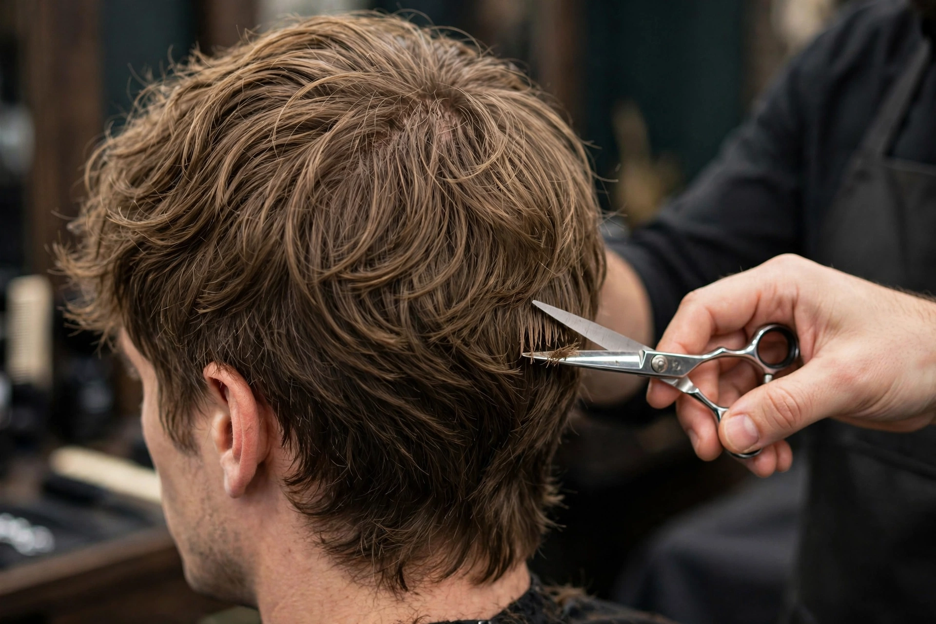 barber trimming the ends of a modern shag haircut, maintenance appointment