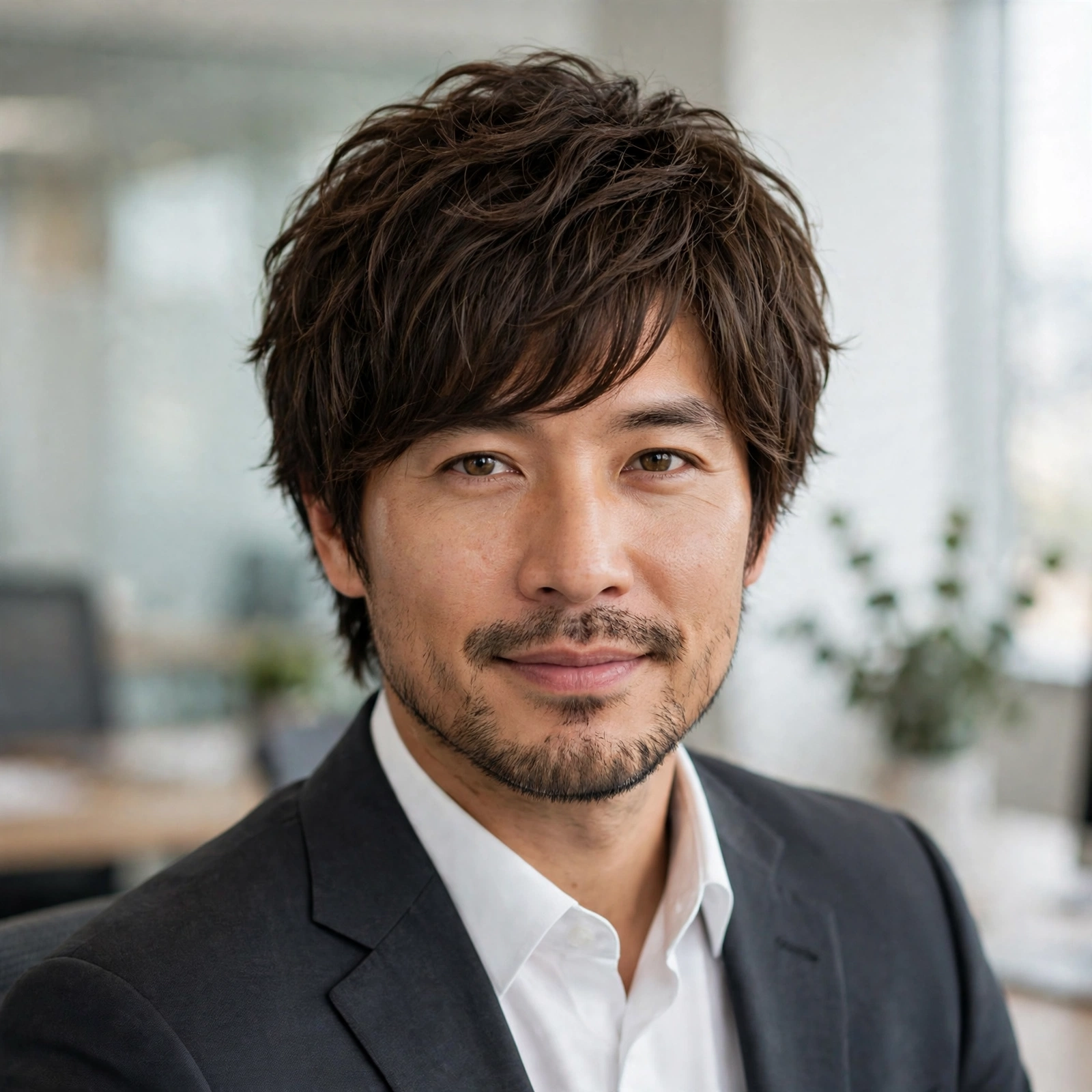 professional man with neat modern shag haircut in office attire
