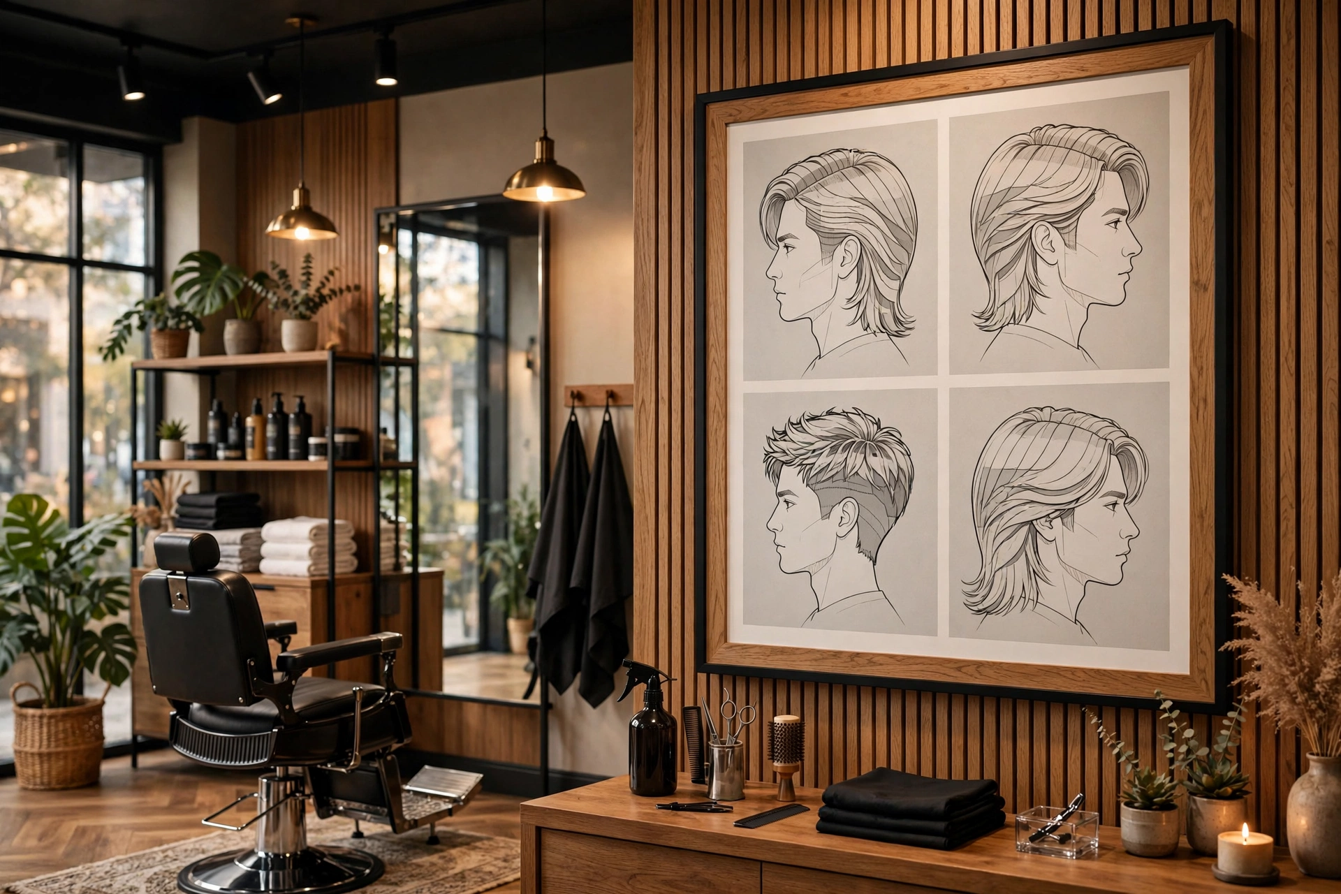 barbershop interior with modern shag hairstyle chart on wall, warm lighting