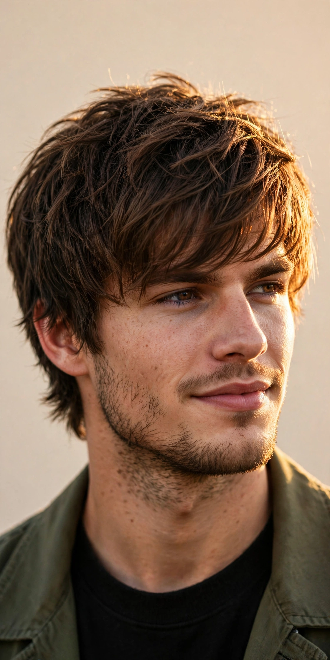 confident male model with modern shag haircut, golden hour portrait, premium photography