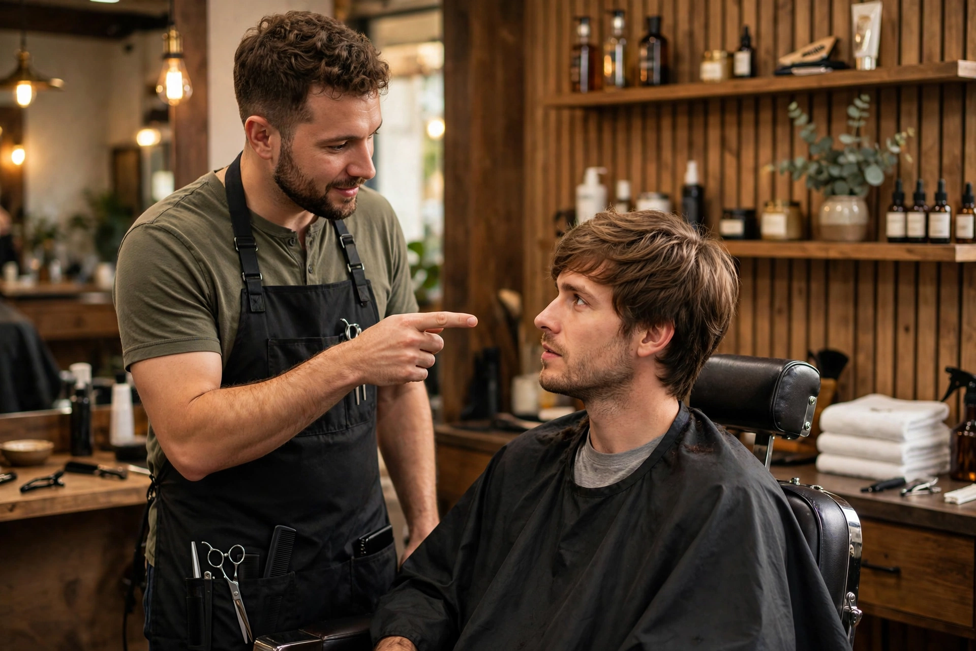 barber consulting with male client about layered shag haircut, barbershop