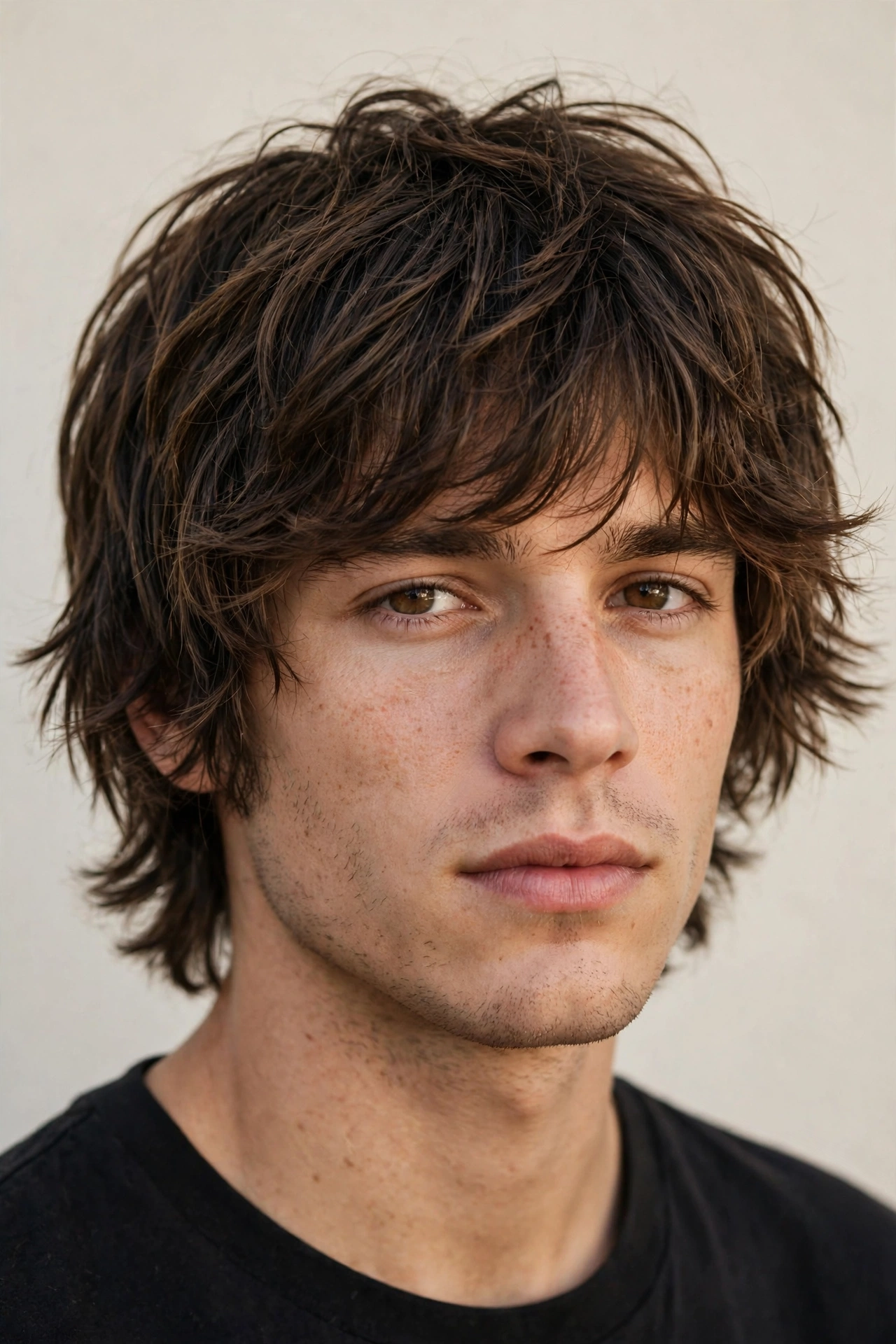 male model with classic grown-out shag, choppy layers at medium length, natural movement