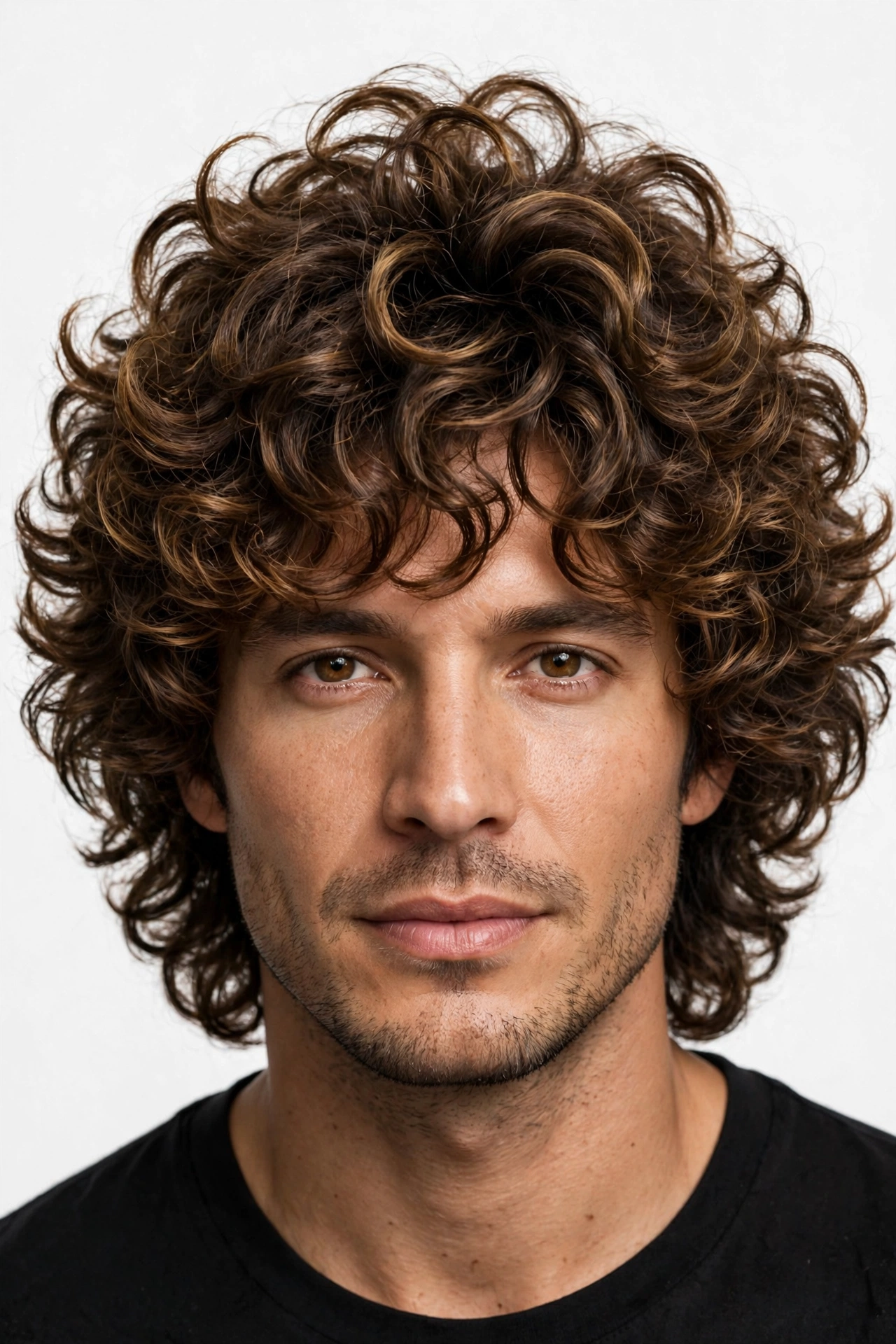 male model with curly shag haircut, defined curls in layered shape, premium photography
