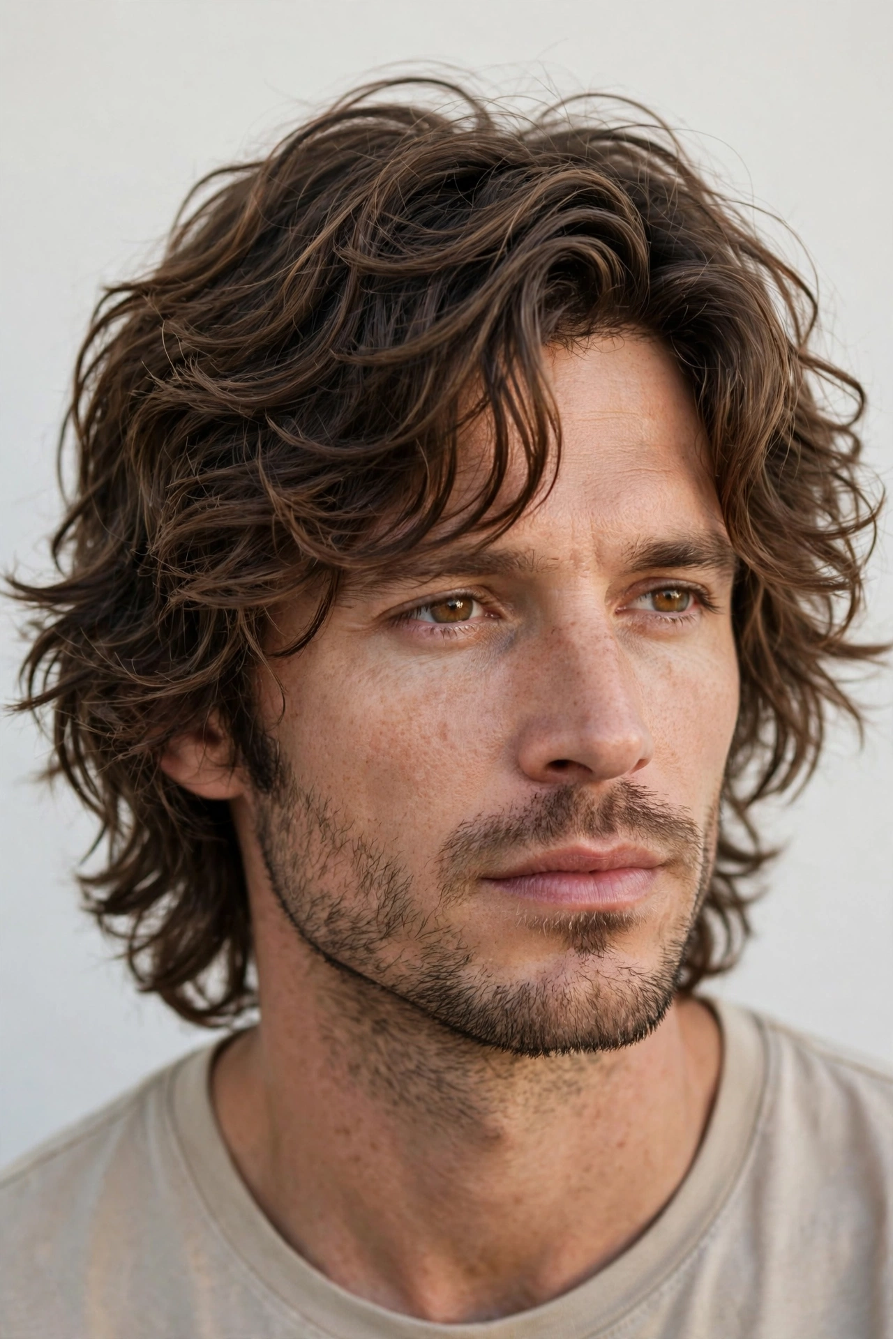 male model with wavy shag haircut, natural waves in layered medium hair, soft daylight