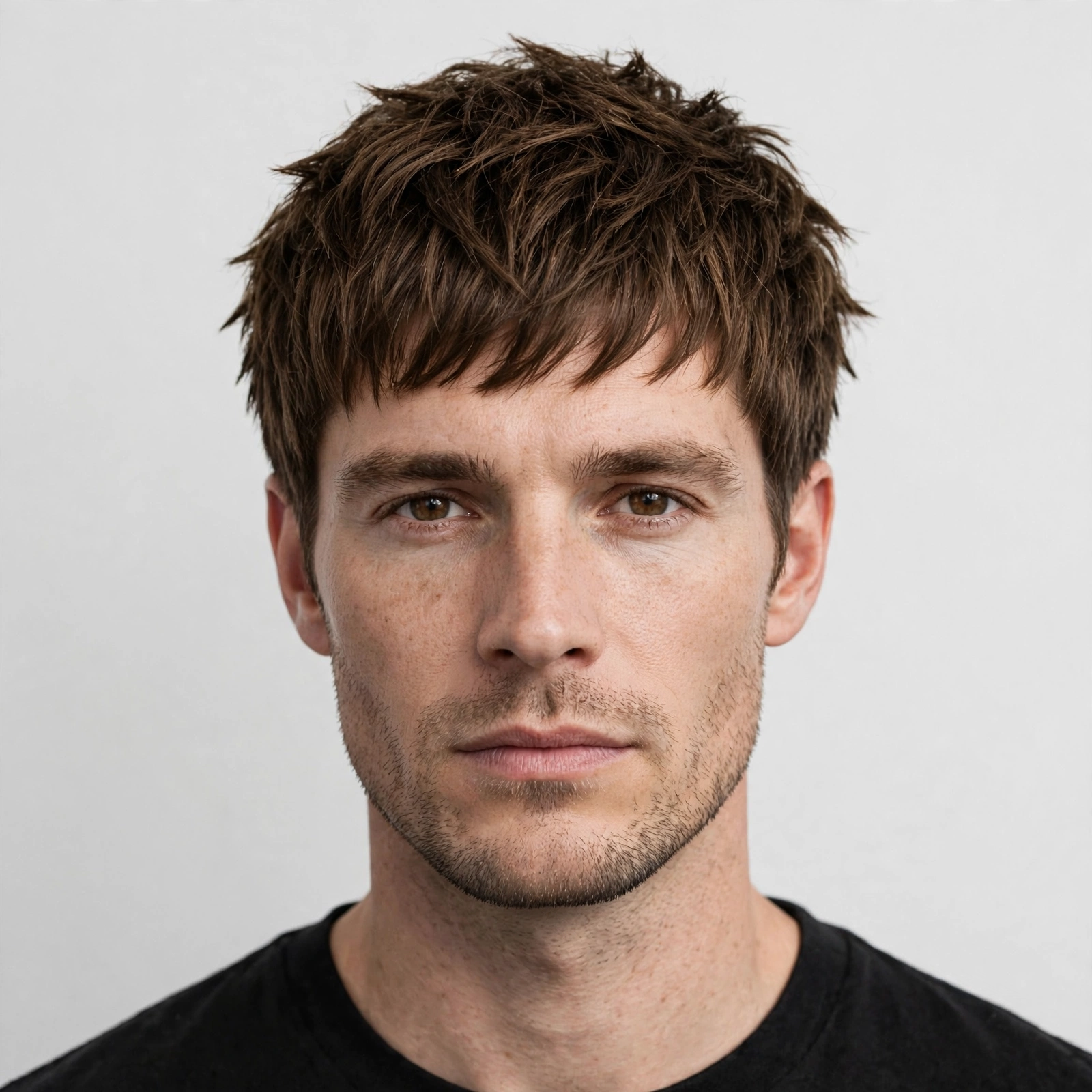 male model with short shag haircut, cropped layered texture, clean background