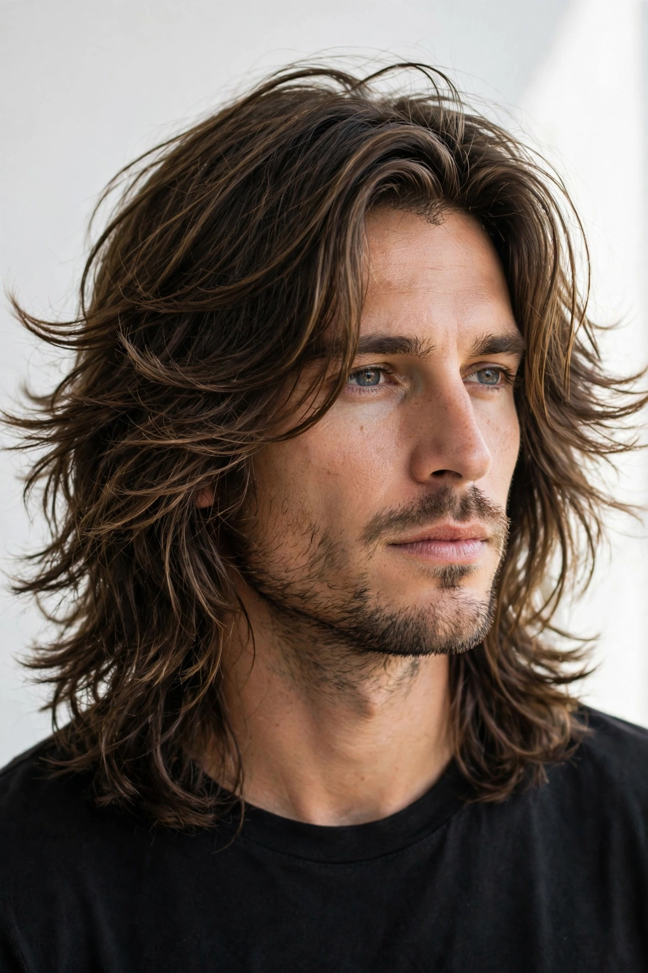male model with long shag haircut, shoulder-length layered hair with movement