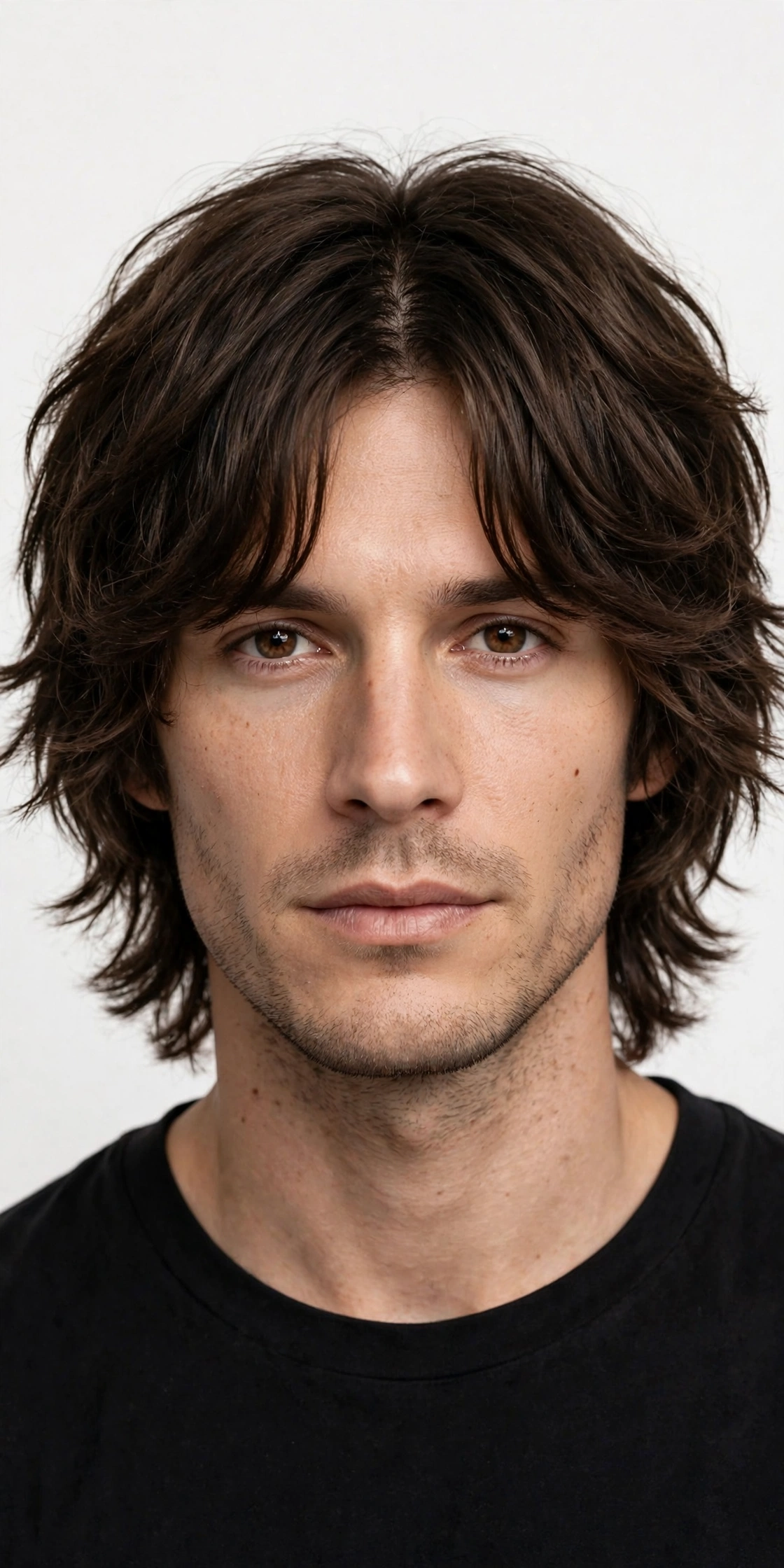 male model with shag haircut and curtain fringe, face-framing layers parted in middle