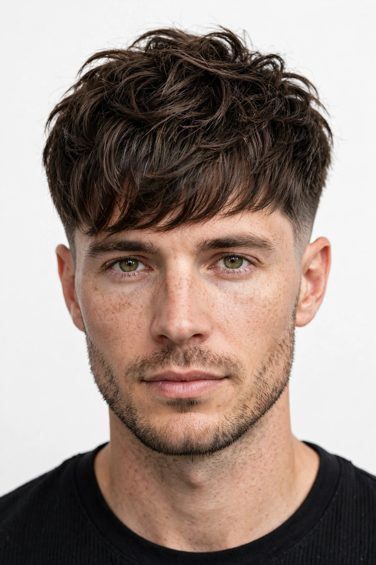 male model with textured shag and tapered sides, modern barbershop photo