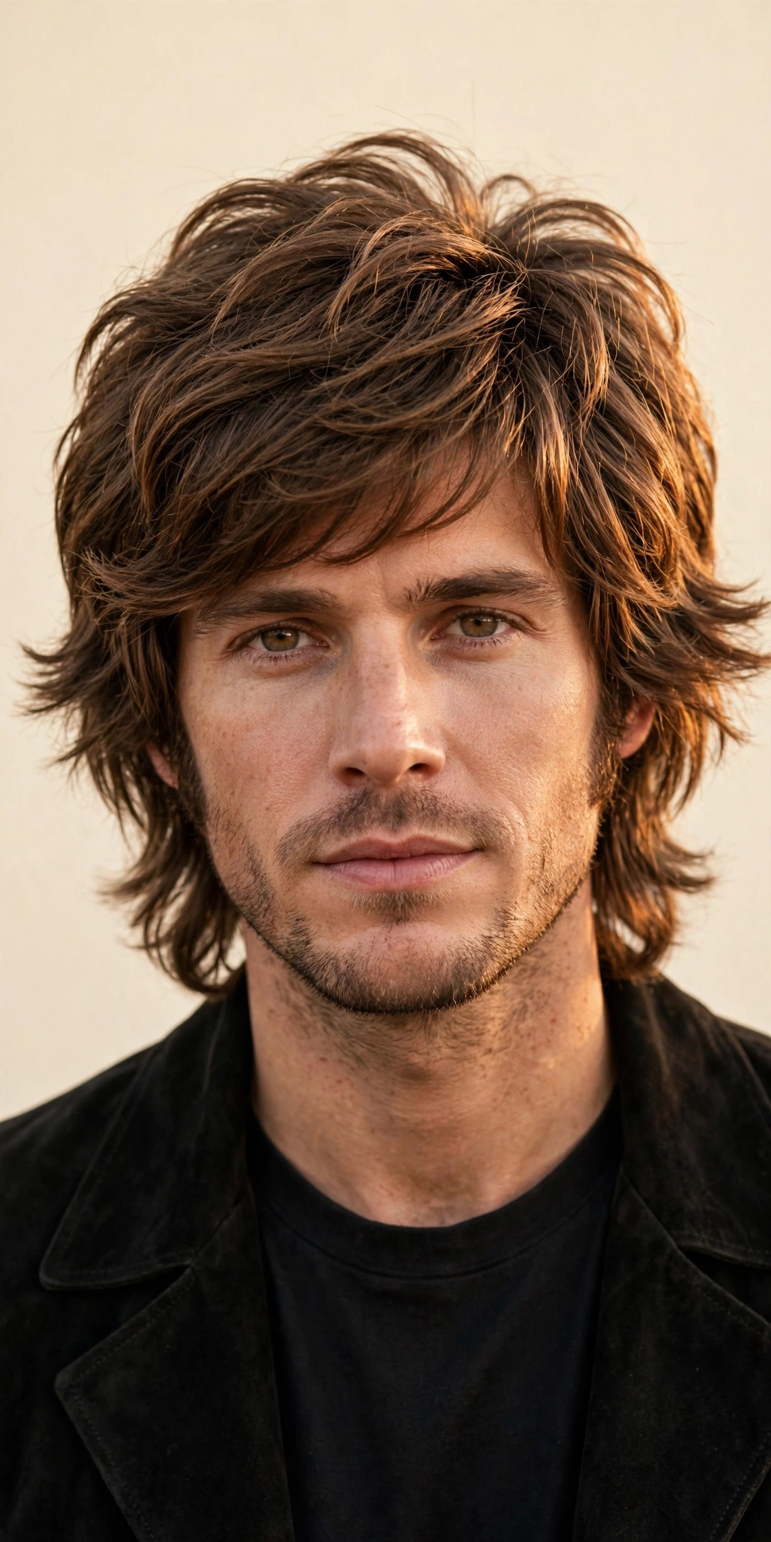 male model with 70s rockstar shag, feathered retro layers, vintage-inspired photography