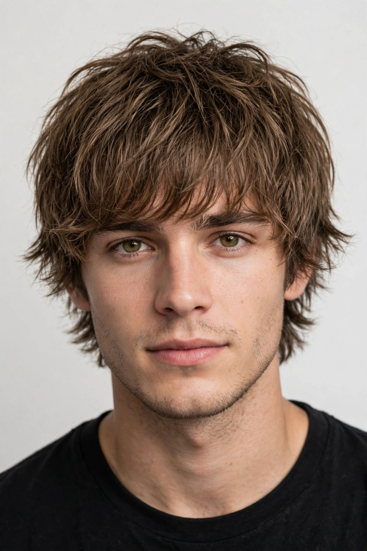 male model with shaggy forward fringe, textured hair falling over forehead