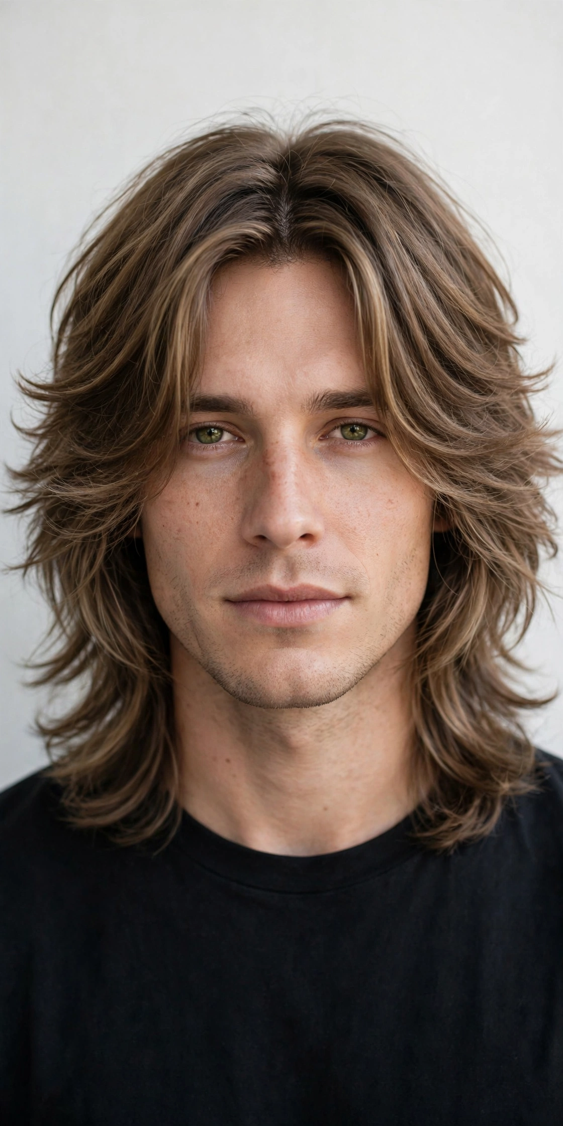 male model with middle-part shag, hair parted in center with flowing layers