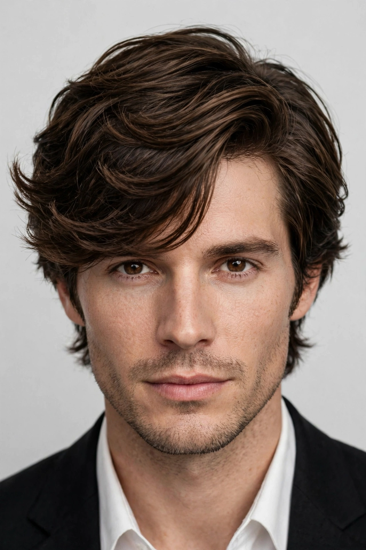 male model with side-part shag haircut, layered hair swept to one side