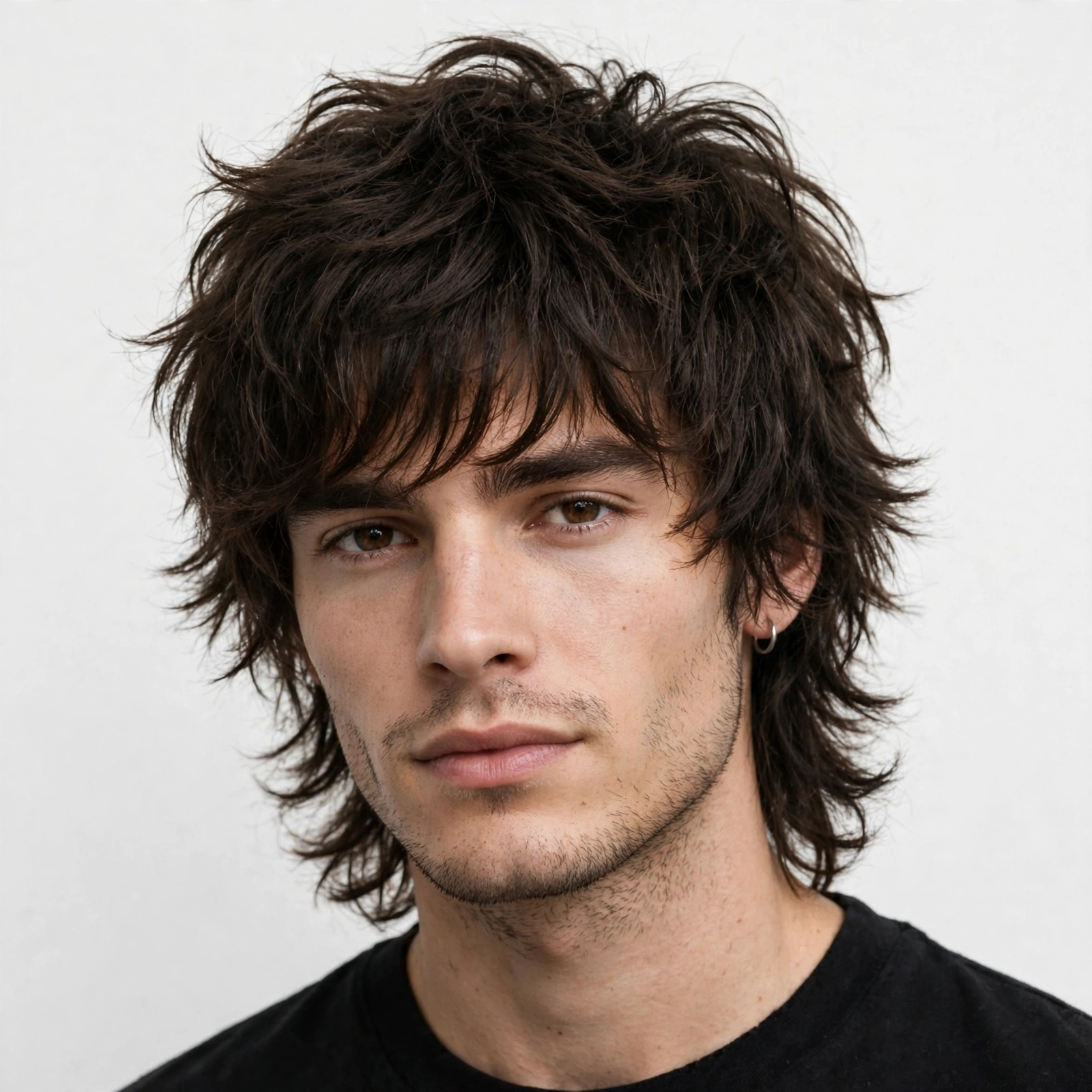 male model with shaggy wolf-cut hybrid haircut, voluminous top with longer back layers